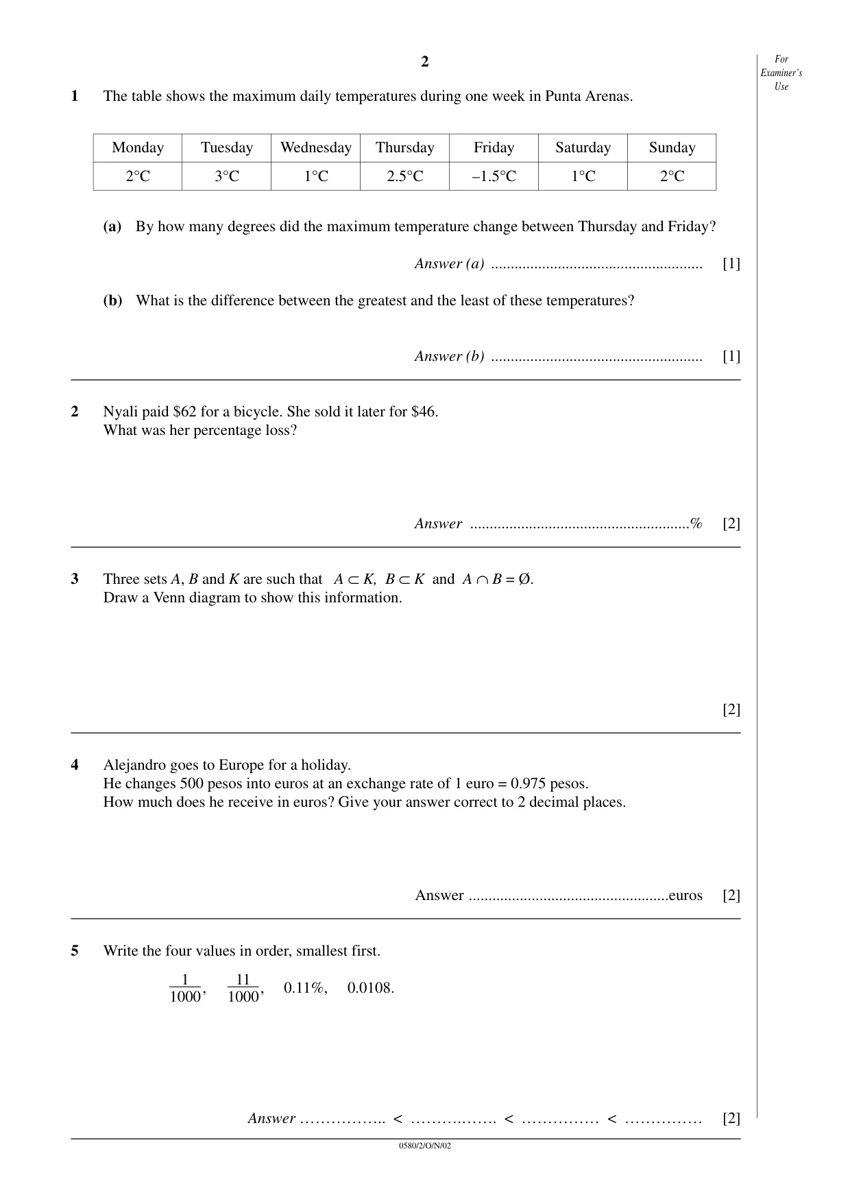 Cambridge IGCSE Mathematics 0580 2002 Oct/Nov Paper 2 · Variant 1 question paper, page 2 of 12
