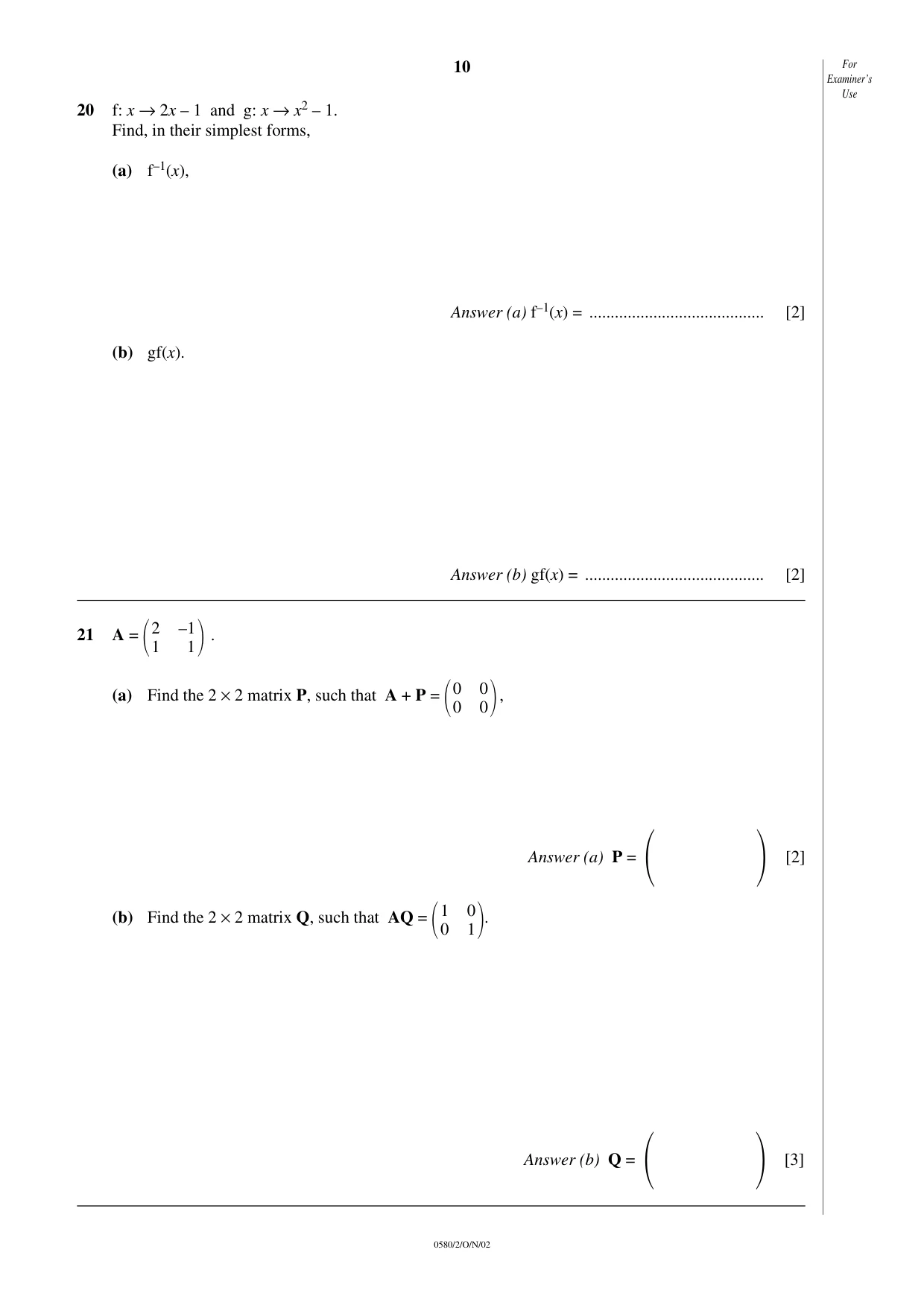 Cambridge IGCSE Mathematics 0580 2002 Oct/Nov Paper 2 · Variant 1 question paper, page 10 of 12