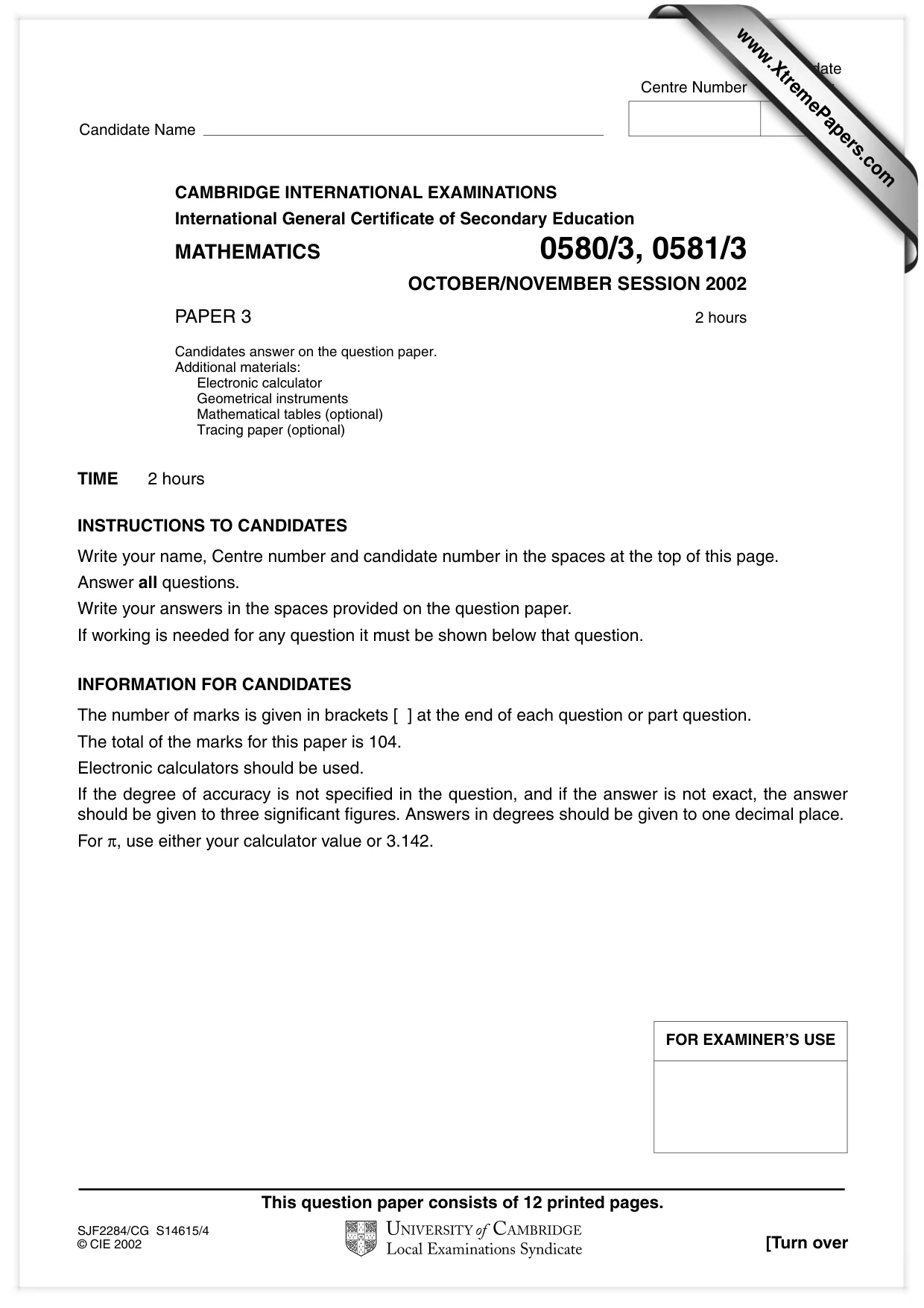 Cambridge IGCSE Mathematics 0580 2002 Oct/Nov Paper 3 · Variant 1 question paper, page 1 of 12