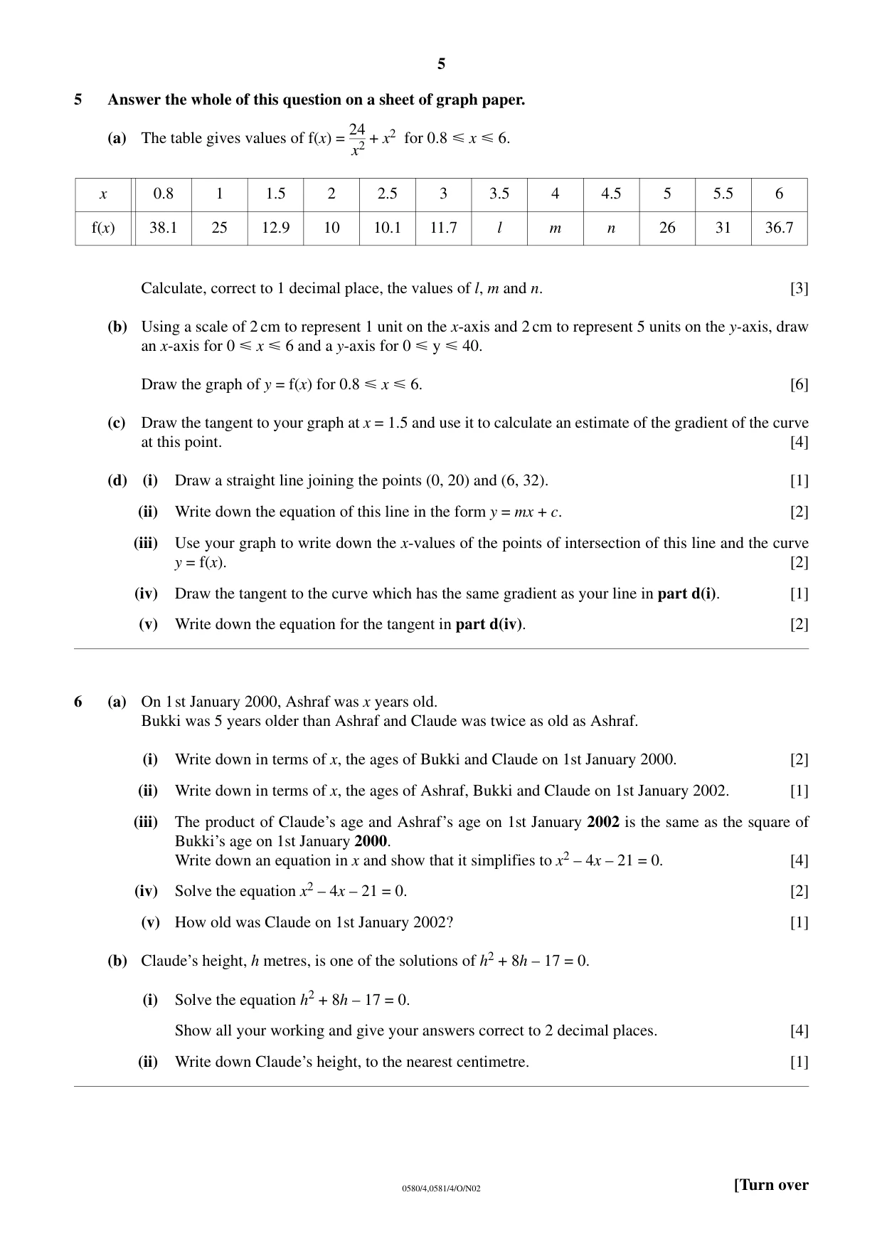 Cambridge IGCSE Mathematics 0580 2002 Oct/Nov Paper 4 · Variant 1 question paper, page 5 of 8