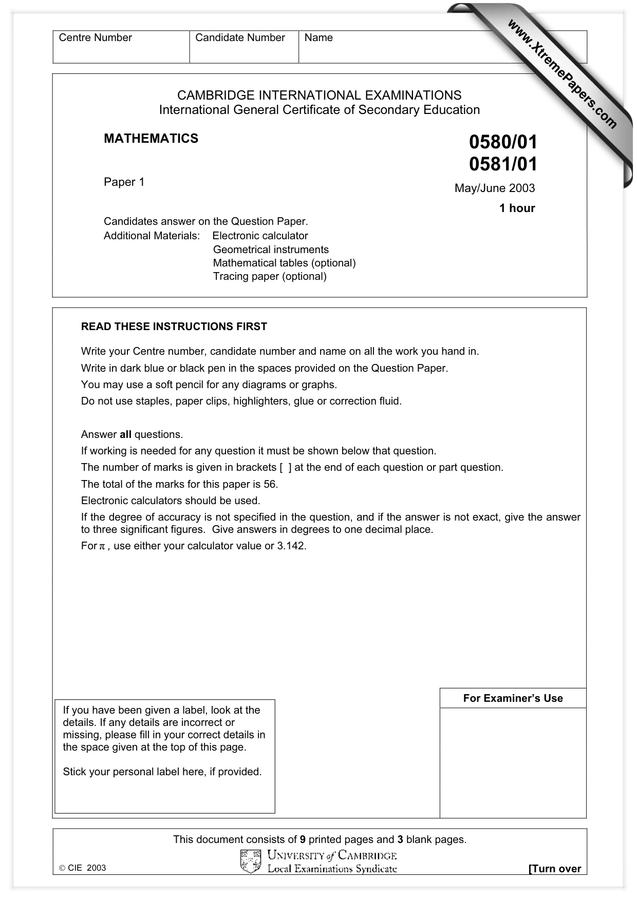 Cambridge IGCSE Mathematics 0580 2003 May/June Paper 1 · Variant 1 question paper, page 1 of 12