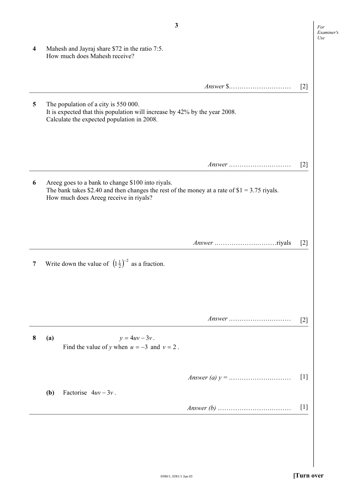 Cambridge IGCSE Mathematics 0580 2003 May/June Paper 1 · Variant 1 question paper, page 3 of 12