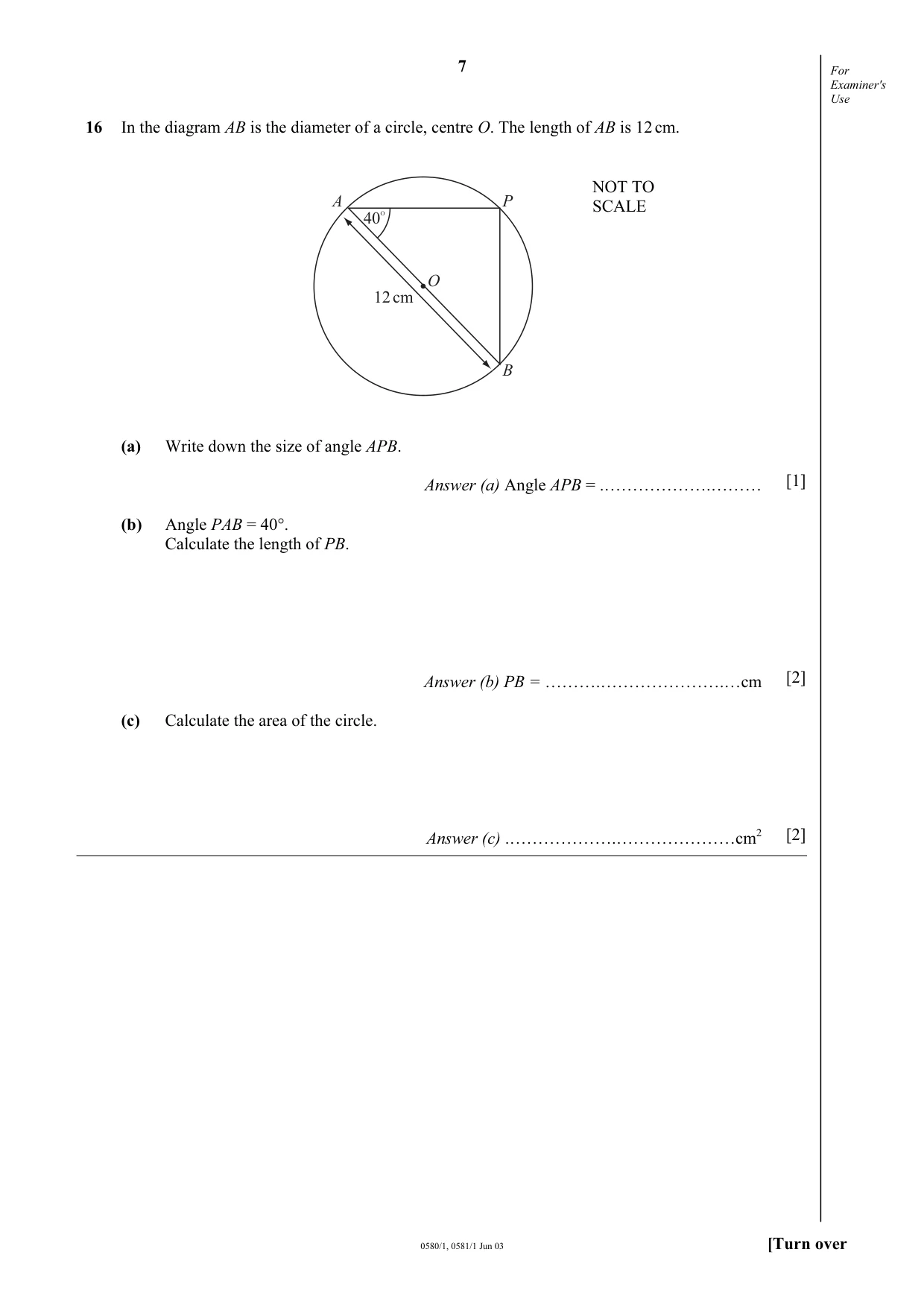 Cambridge IGCSE Mathematics 0580 2003 May/June Paper 1 · Variant 1 question paper, page 7 of 12