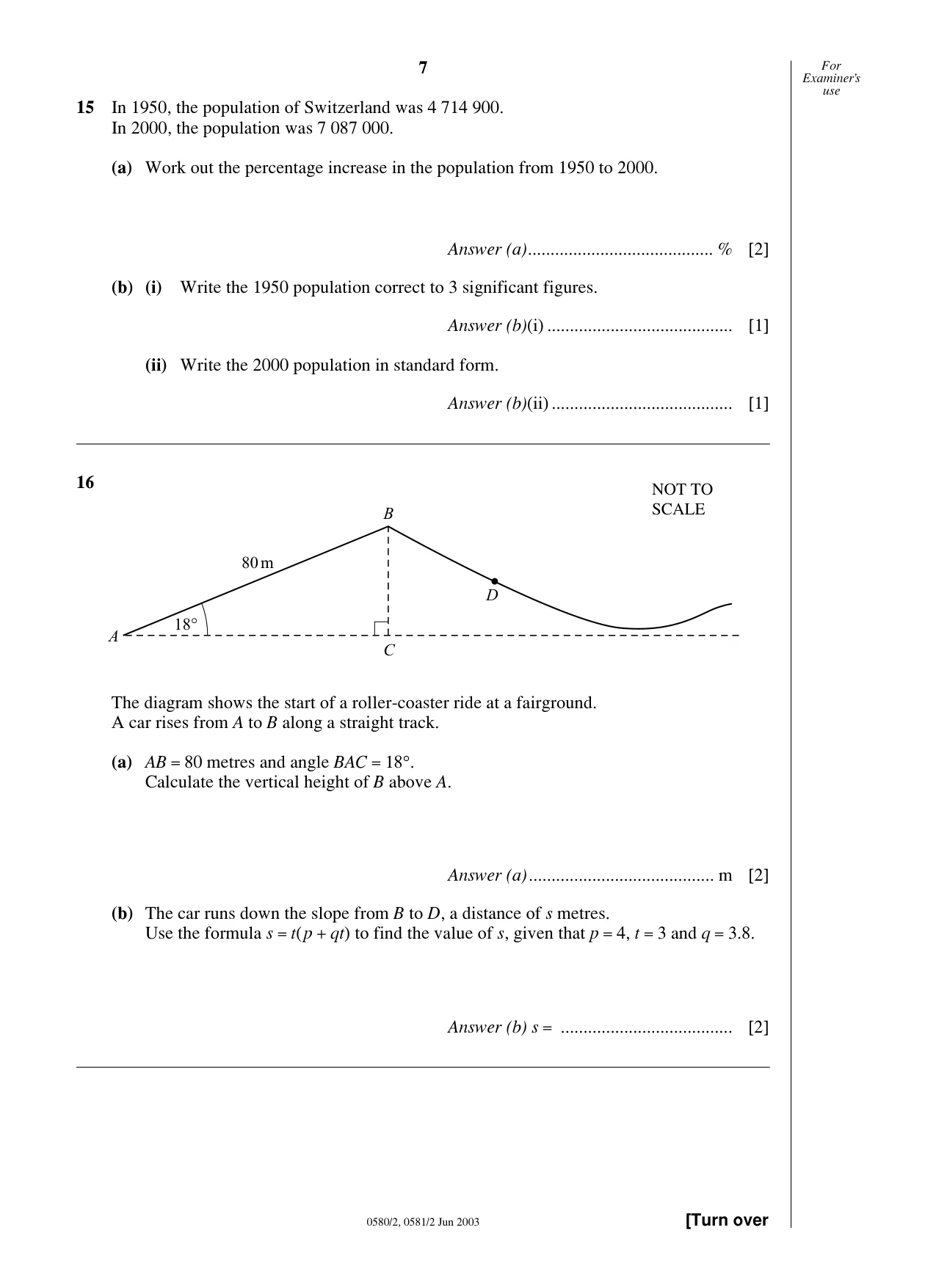Cambridge IGCSE Mathematics 0580 2003 May/June Paper 2 · Variant 1 question paper, page 7 of 12