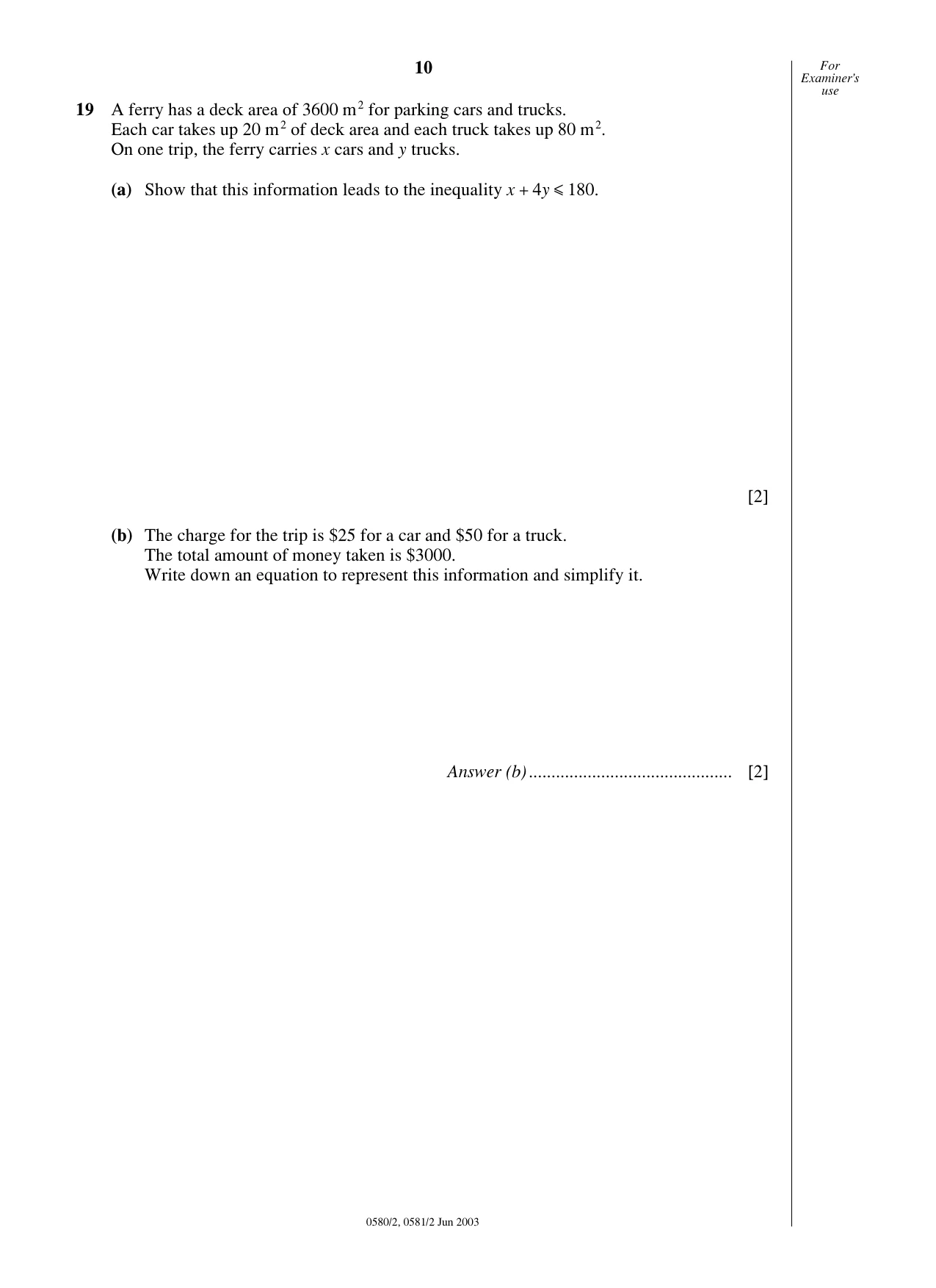 Cambridge IGCSE Mathematics 0580 2003 May/June Paper 2 · Variant 1 question paper, page 10 of 12