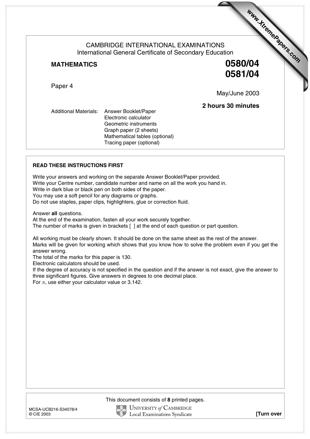Cambridge IGCSE Mathematics 0580 2003 May/June Paper 4 · Variant 1 question paper, page 1 of 8