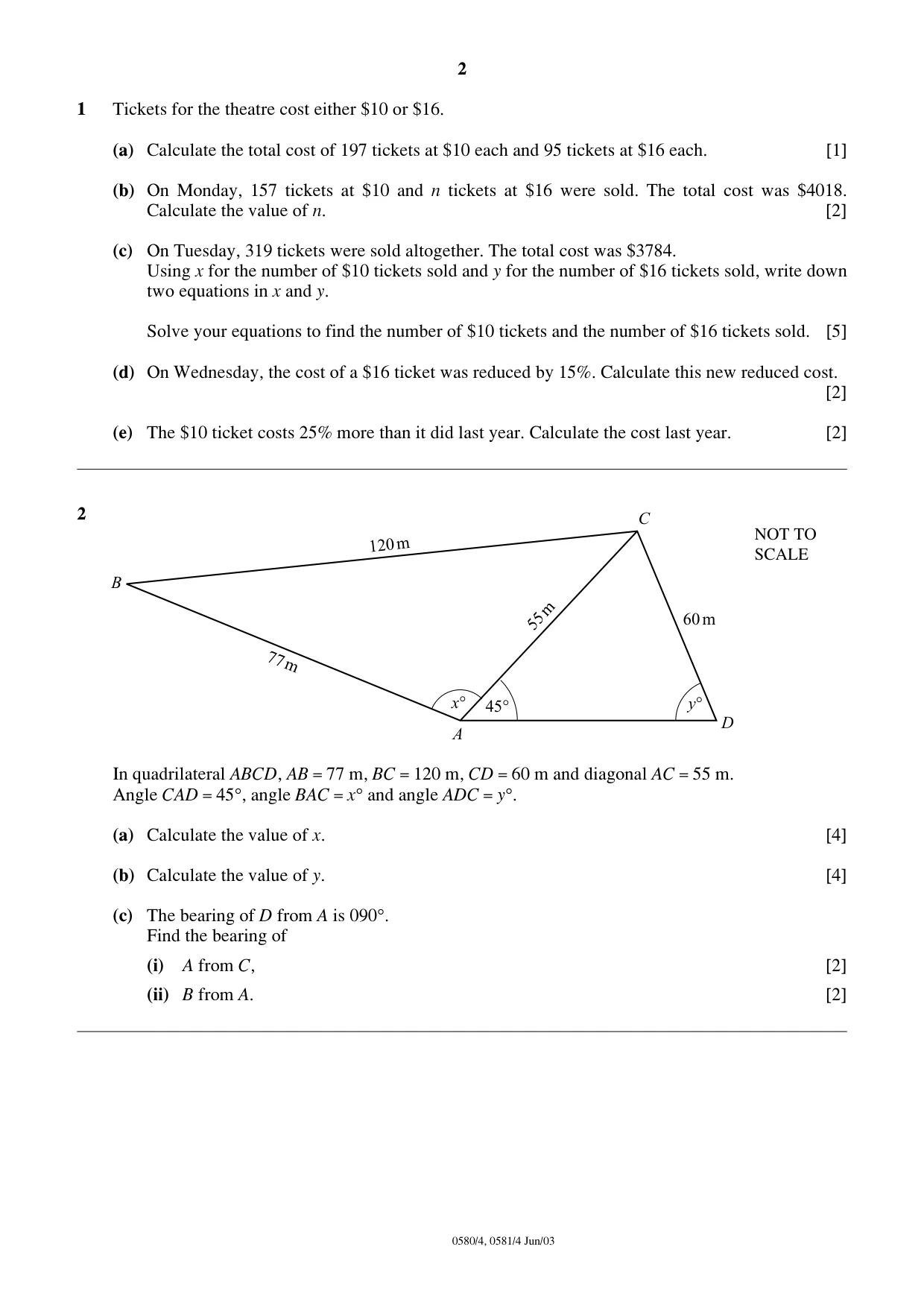 Cambridge IGCSE Mathematics 0580 2003 May/June Paper 4 · Variant 1 question paper, page 2 of 8