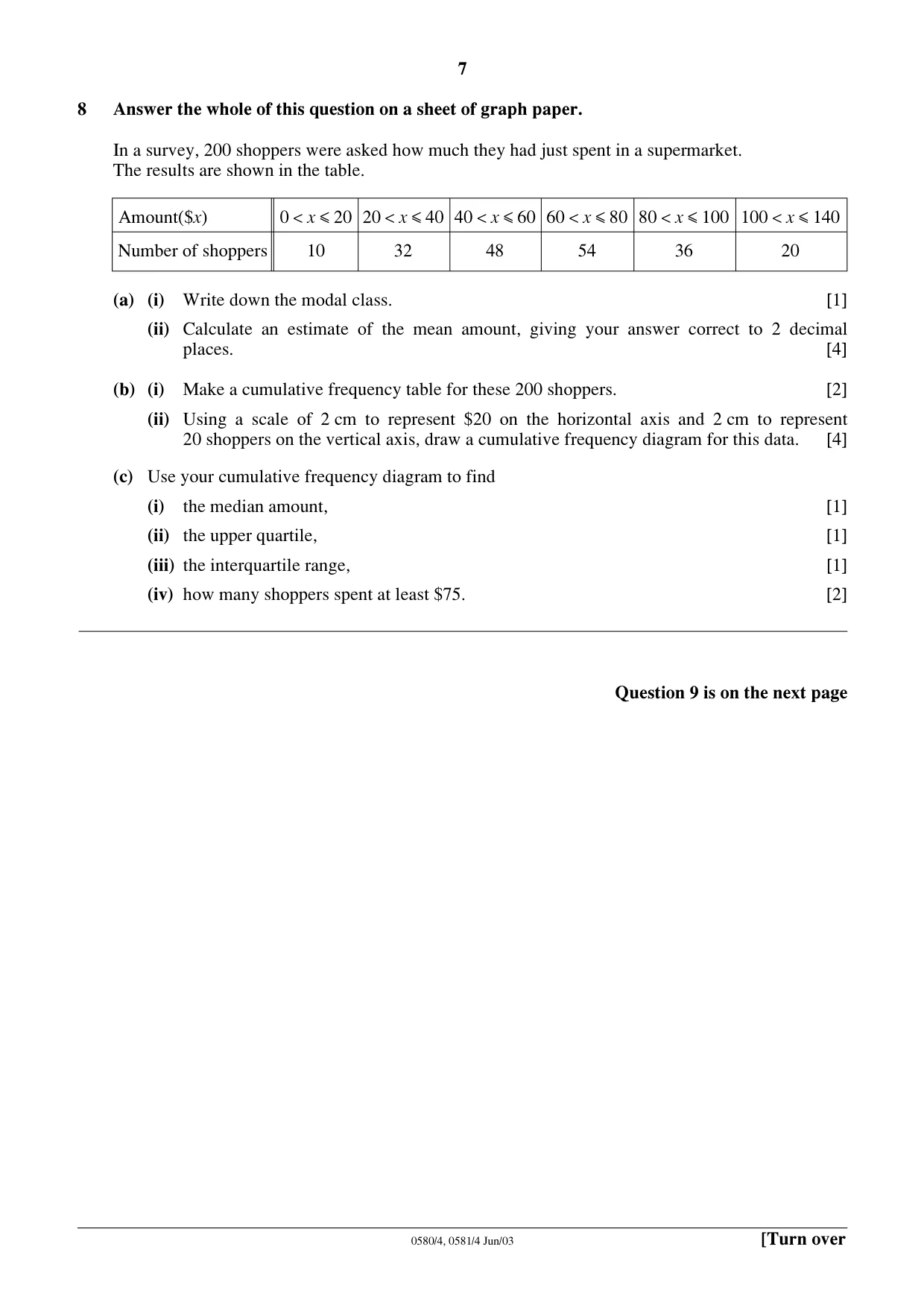 Cambridge IGCSE Mathematics 0580 2003 May/June Paper 4 · Variant 1 question paper, page 7 of 8