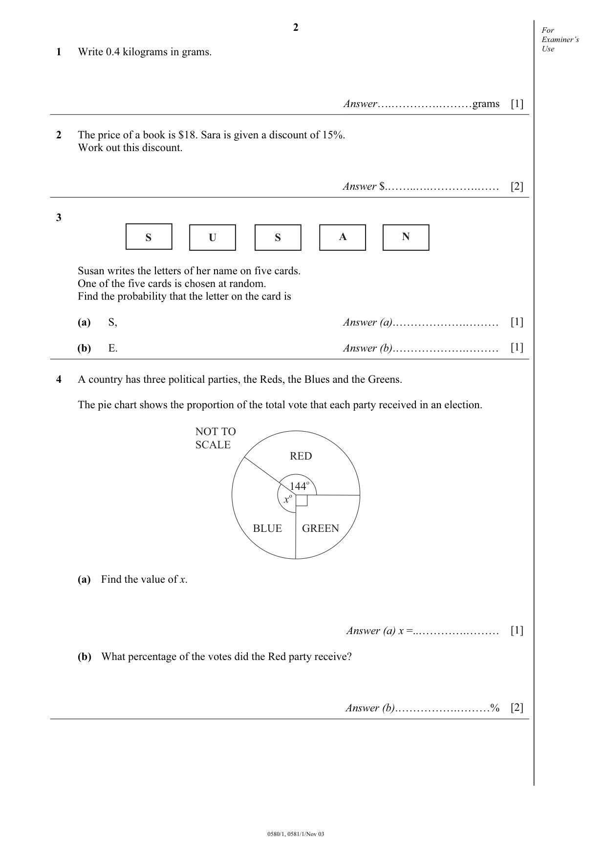 Cambridge IGCSE Mathematics 0580 2003 Oct/Nov Paper 1 · Variant 1 question paper, page 2 of 8