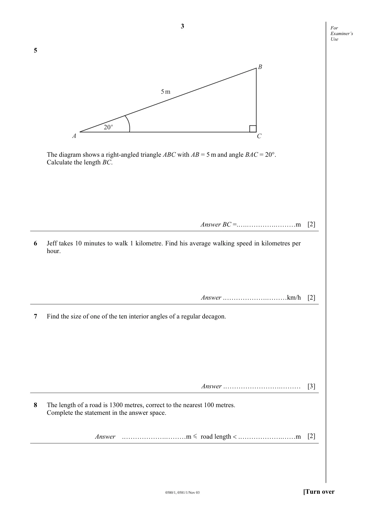 Cambridge IGCSE Mathematics 0580 2003 Oct/Nov Paper 1 · Variant 1 question paper, page 3 of 8