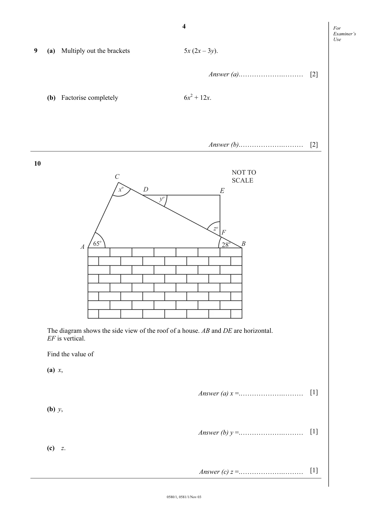 Cambridge IGCSE Mathematics 0580 2003 Oct/Nov Paper 1 · Variant 1 question paper, page 4 of 8