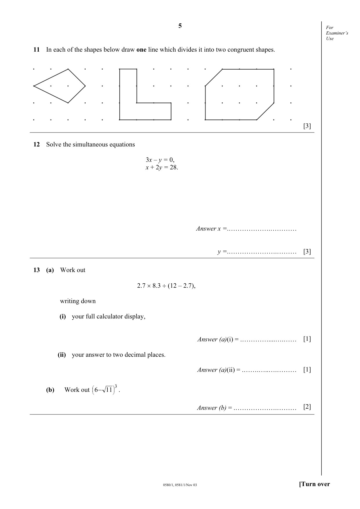 Cambridge IGCSE Mathematics 0580 2003 Oct/Nov Paper 1 · Variant 1 question paper, page 5 of 8