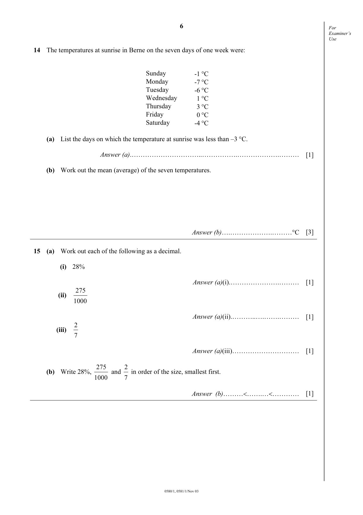Cambridge IGCSE Mathematics 0580 2003 Oct/Nov Paper 1 · Variant 1 question paper, page 6 of 8
