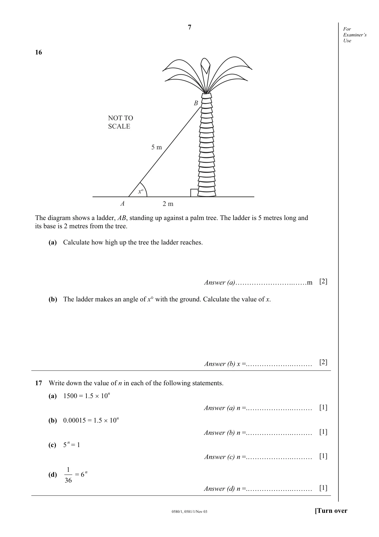 Cambridge IGCSE Mathematics 0580 2003 Oct/Nov Paper 1 · Variant 1 question paper, page 7 of 8