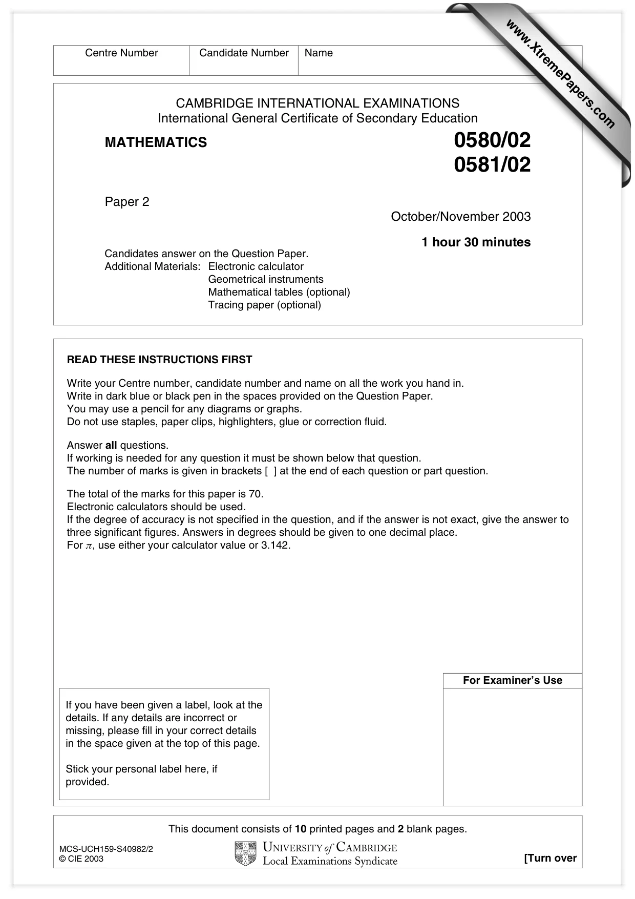 Cambridge IGCSE Mathematics 0580 2003 Oct/Nov Paper 2 · Variant 1 question paper, page 1 of 12