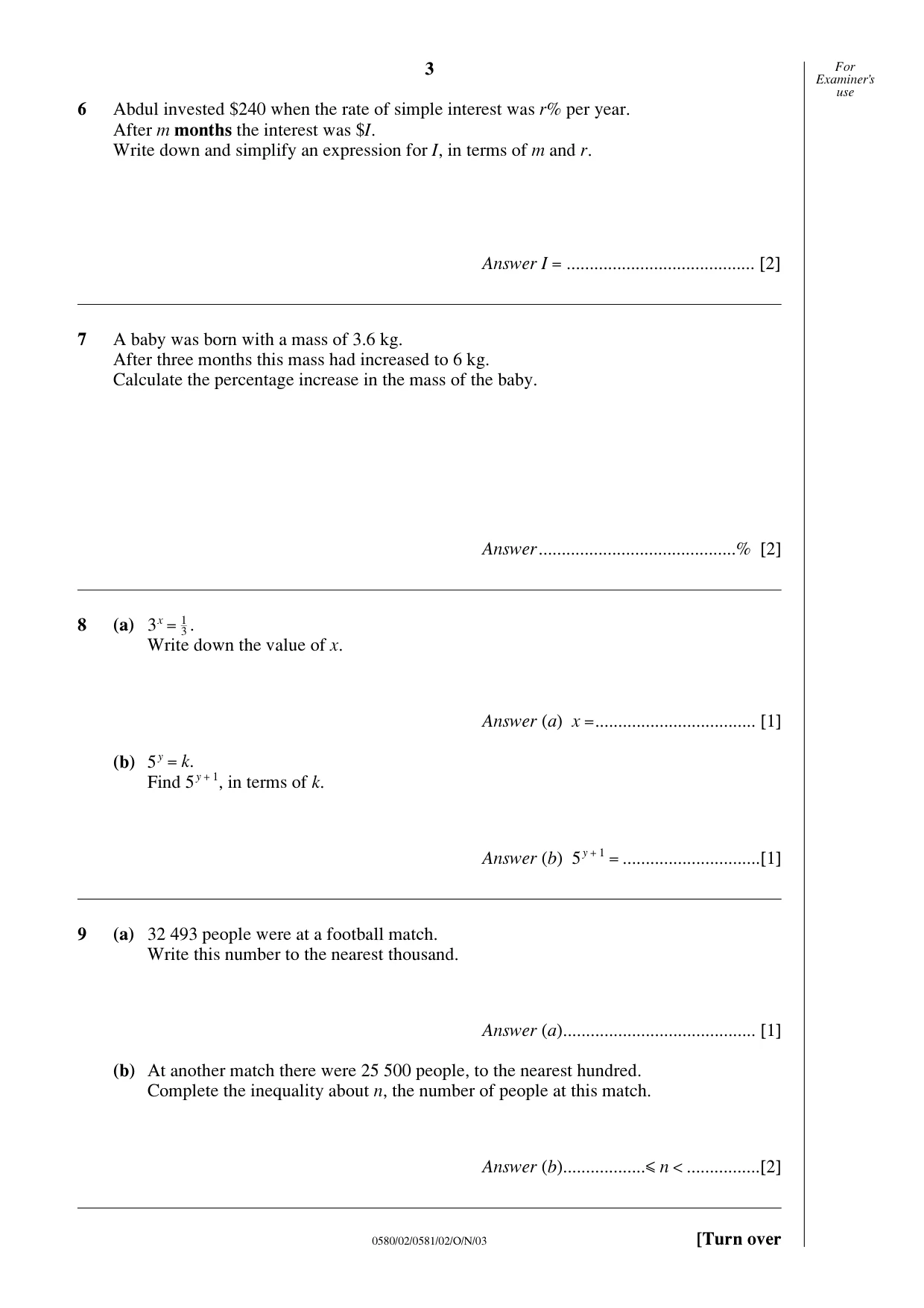 Cambridge IGCSE Mathematics 0580 2003 Oct/Nov Paper 2 · Variant 1 question paper, page 3 of 12
