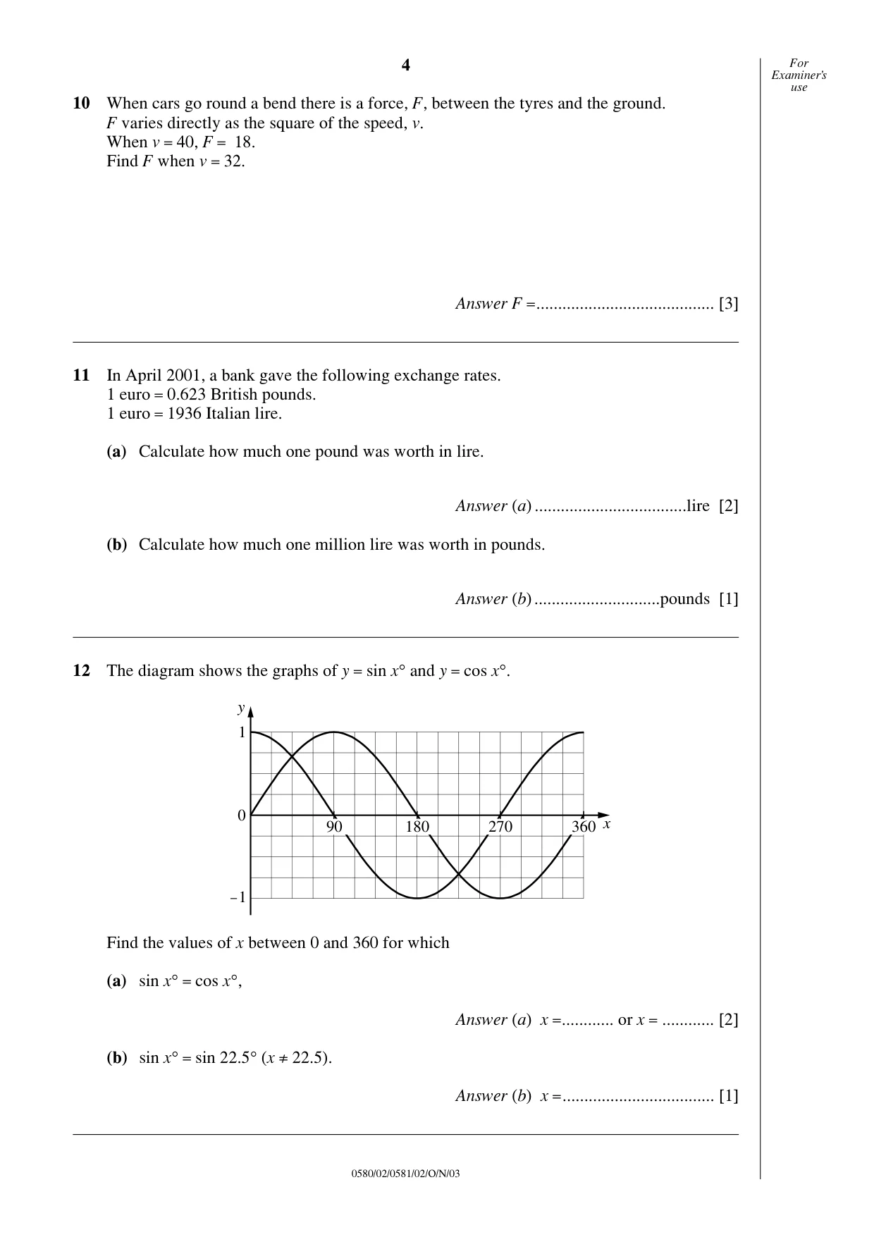 Cambridge IGCSE Mathematics 0580 2003 Oct/Nov Paper 2 · Variant 1 question paper, page 4 of 12