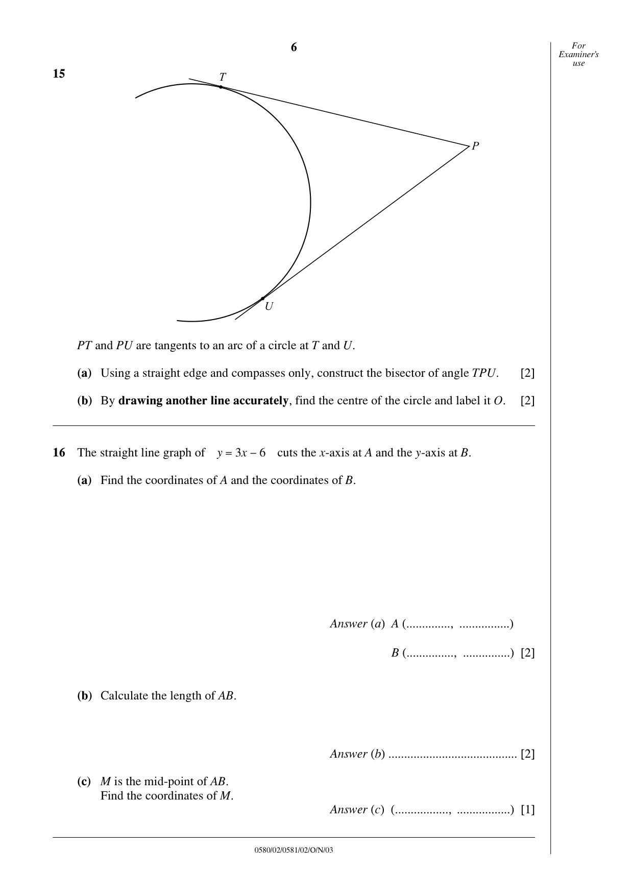 Cambridge IGCSE Mathematics 0580 2003 Oct/Nov Paper 2 · Variant 1 question paper, page 6 of 12