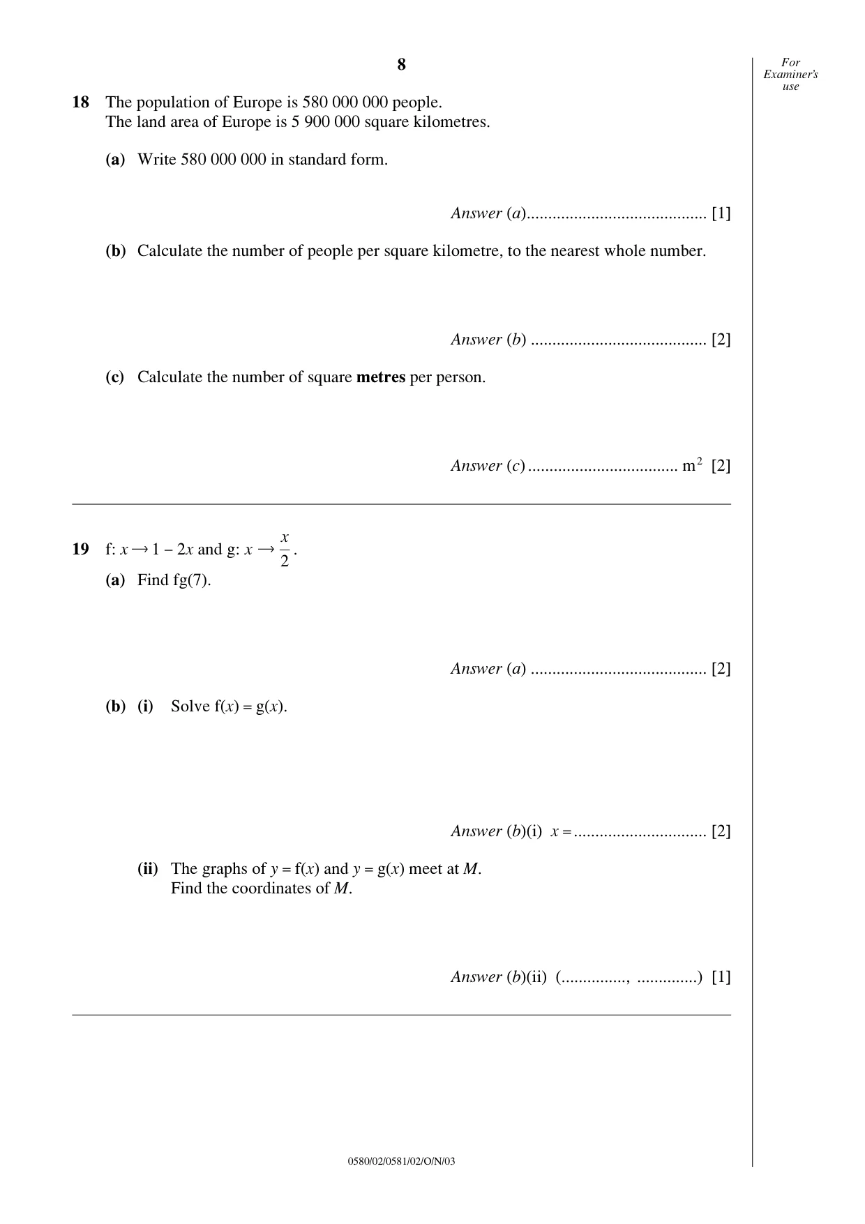 Cambridge IGCSE Mathematics 0580 2003 Oct/Nov Paper 2 · Variant 1 question paper, page 8 of 12
