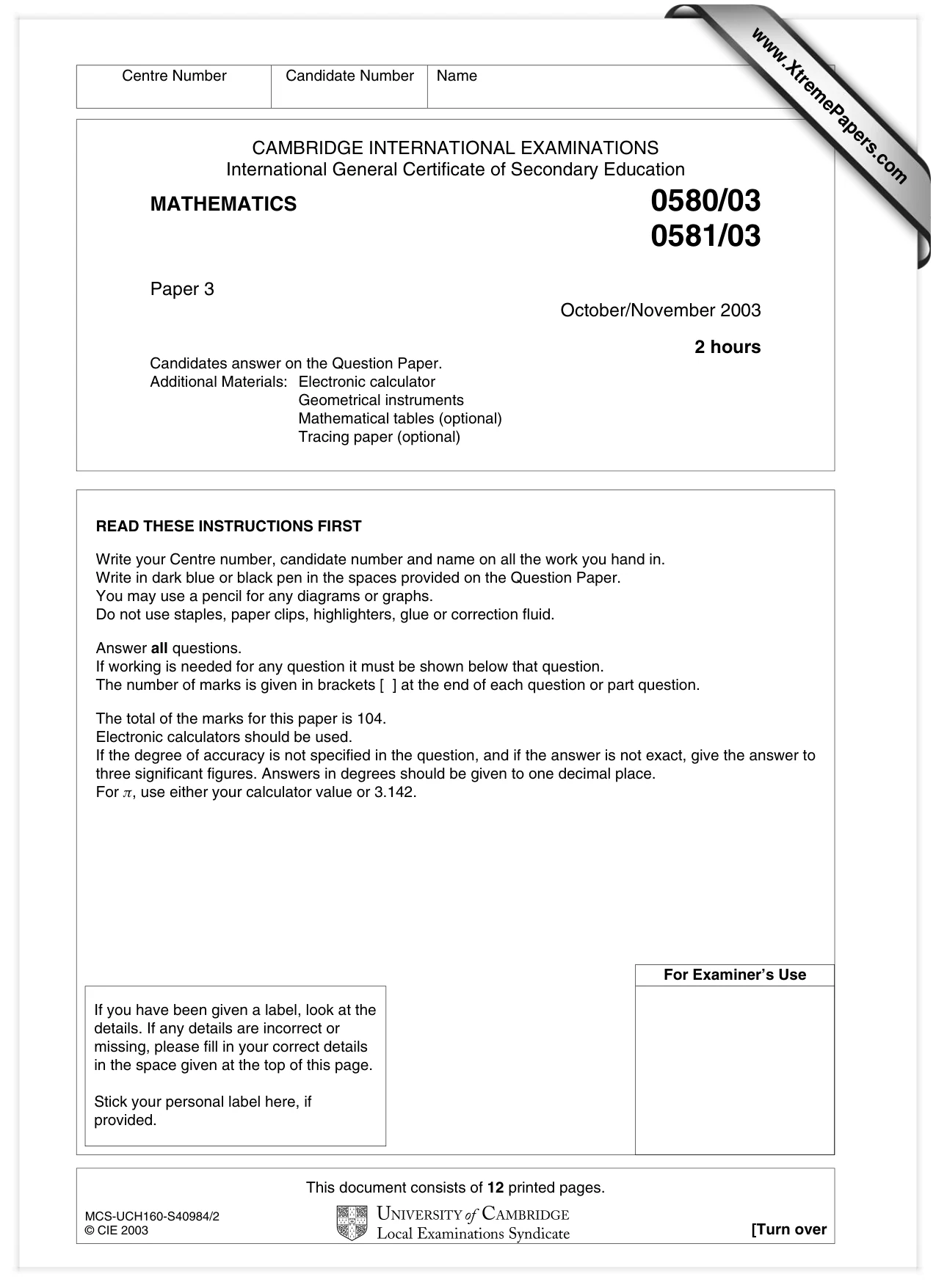 Cambridge IGCSE Mathematics 0580 2003 Oct/Nov Paper 3 · Variant 1 question paper, page 1 of 12