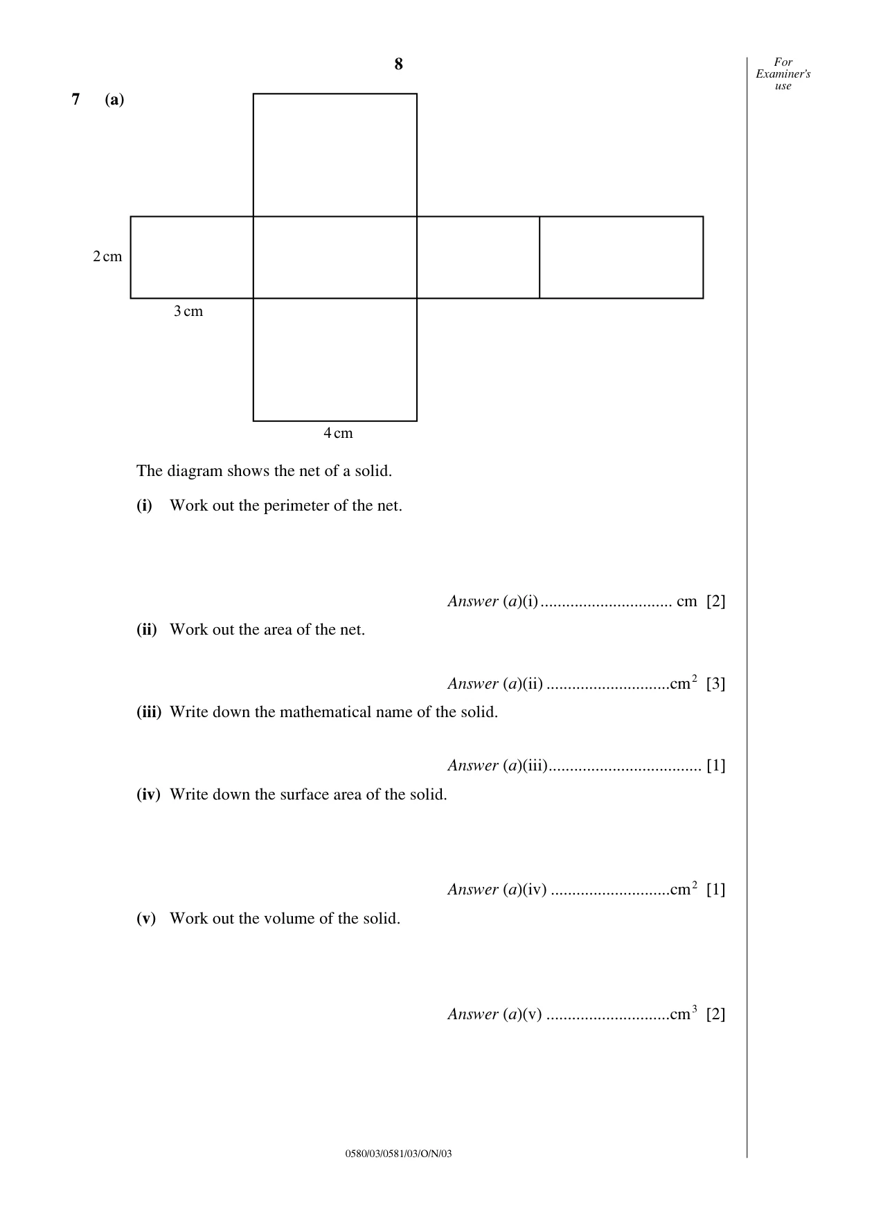 Cambridge IGCSE Mathematics 0580 2003 Oct/Nov Paper 3 · Variant 1 question paper, page 8 of 12