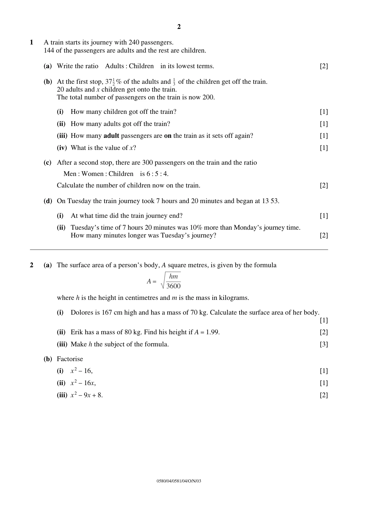 Cambridge IGCSE Mathematics 0580 2003 Oct/Nov Paper 4 · Variant 1 question paper, page 2 of 8