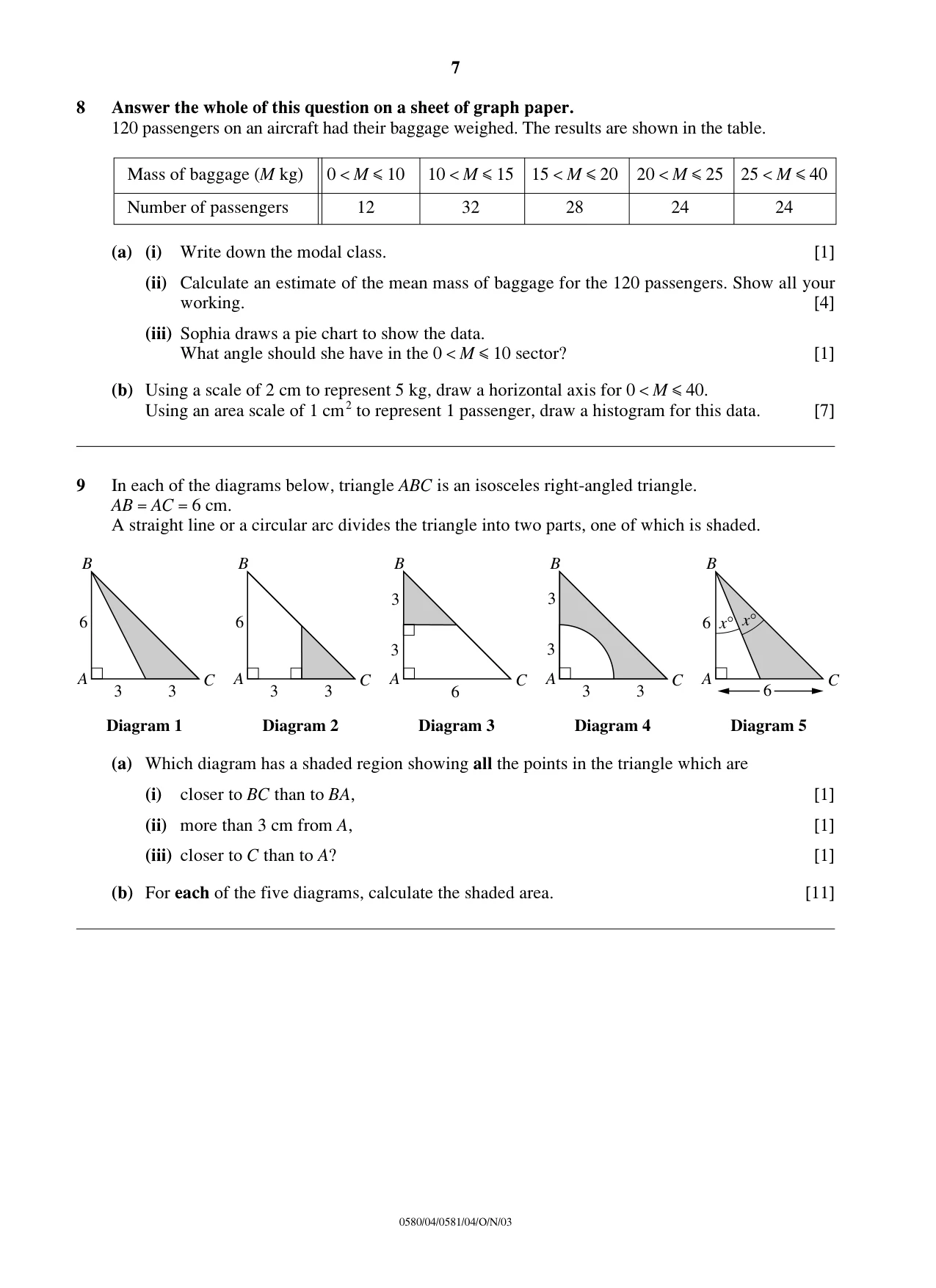 Cambridge IGCSE Mathematics 0580 2003 Oct/Nov Paper 4 · Variant 1 question paper, page 7 of 8