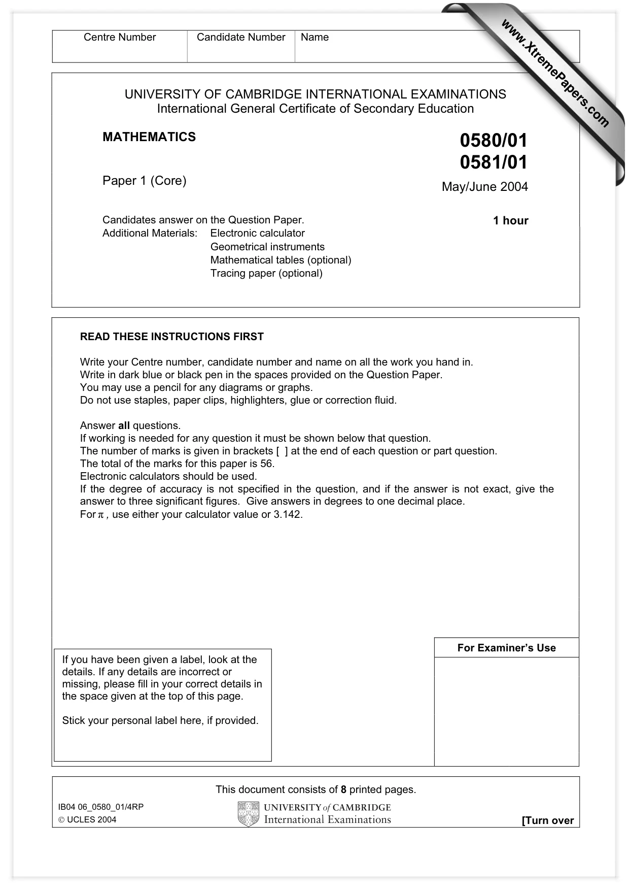 Cambridge IGCSE Mathematics 0580 2004 May/June Paper 1 · Variant 1 question paper, page 1 of 8
