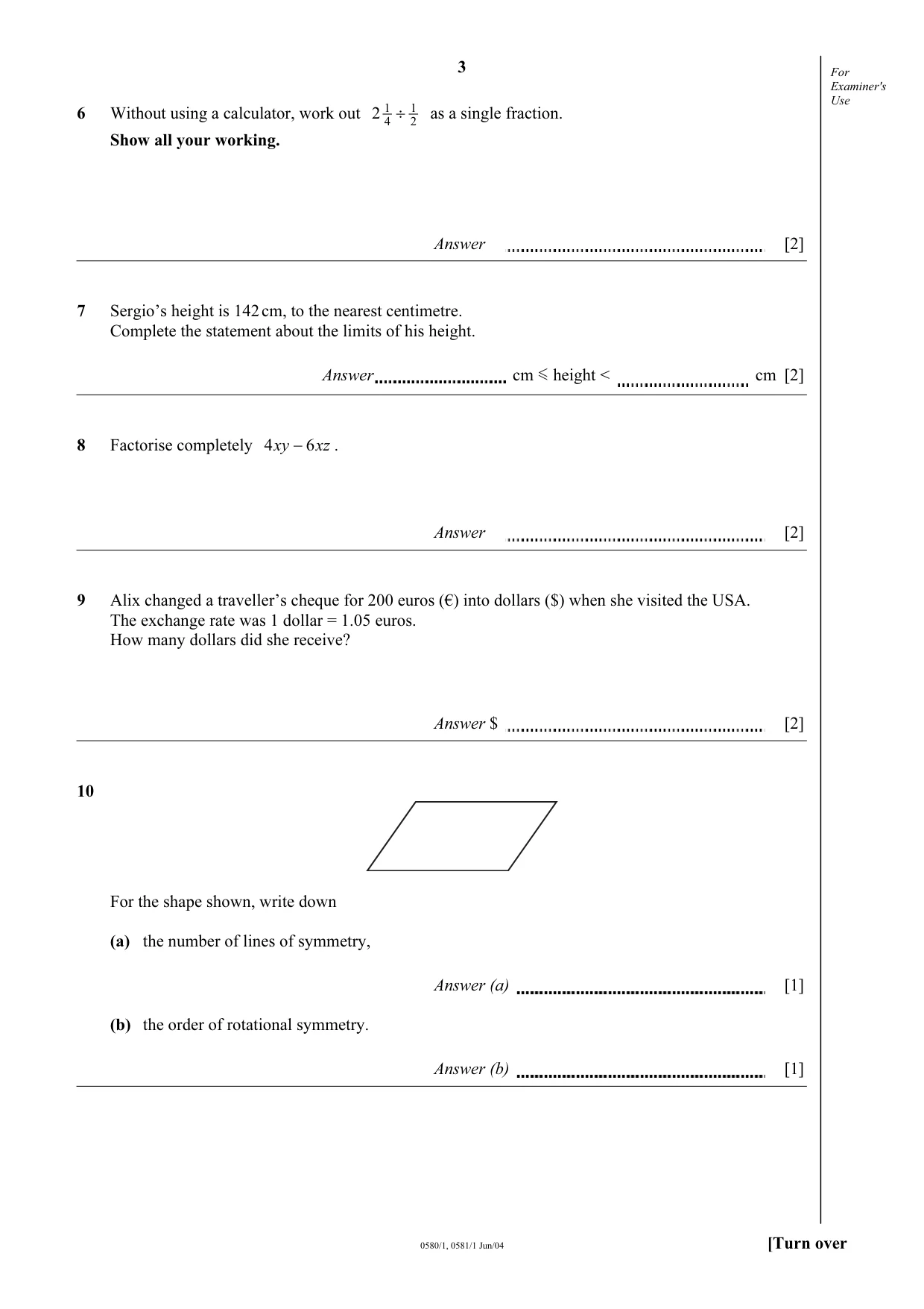 Cambridge IGCSE Mathematics 0580 2004 May/June Paper 1 · Variant 1 question paper, page 3 of 8