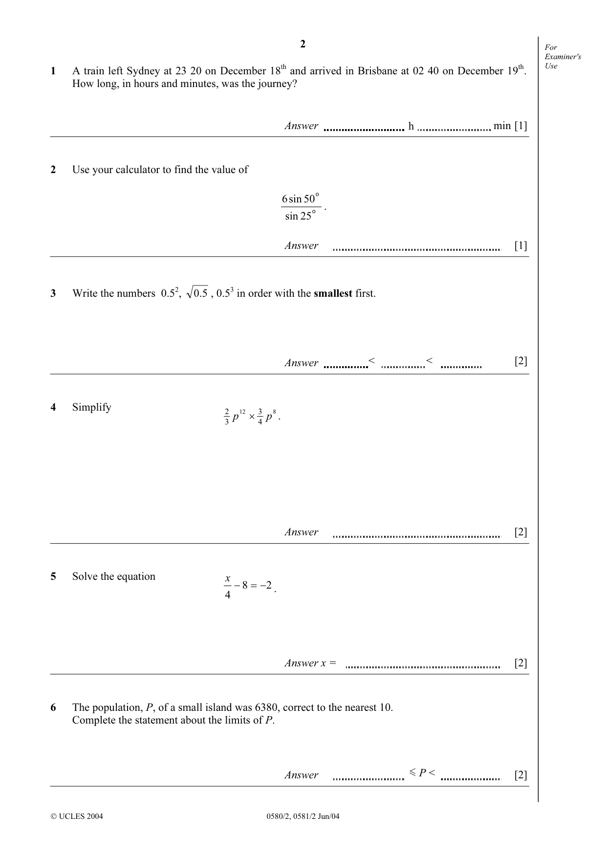Cambridge IGCSE Mathematics 0580 2004 May/June Paper 2 · Variant 1 question paper, page 2 of 12