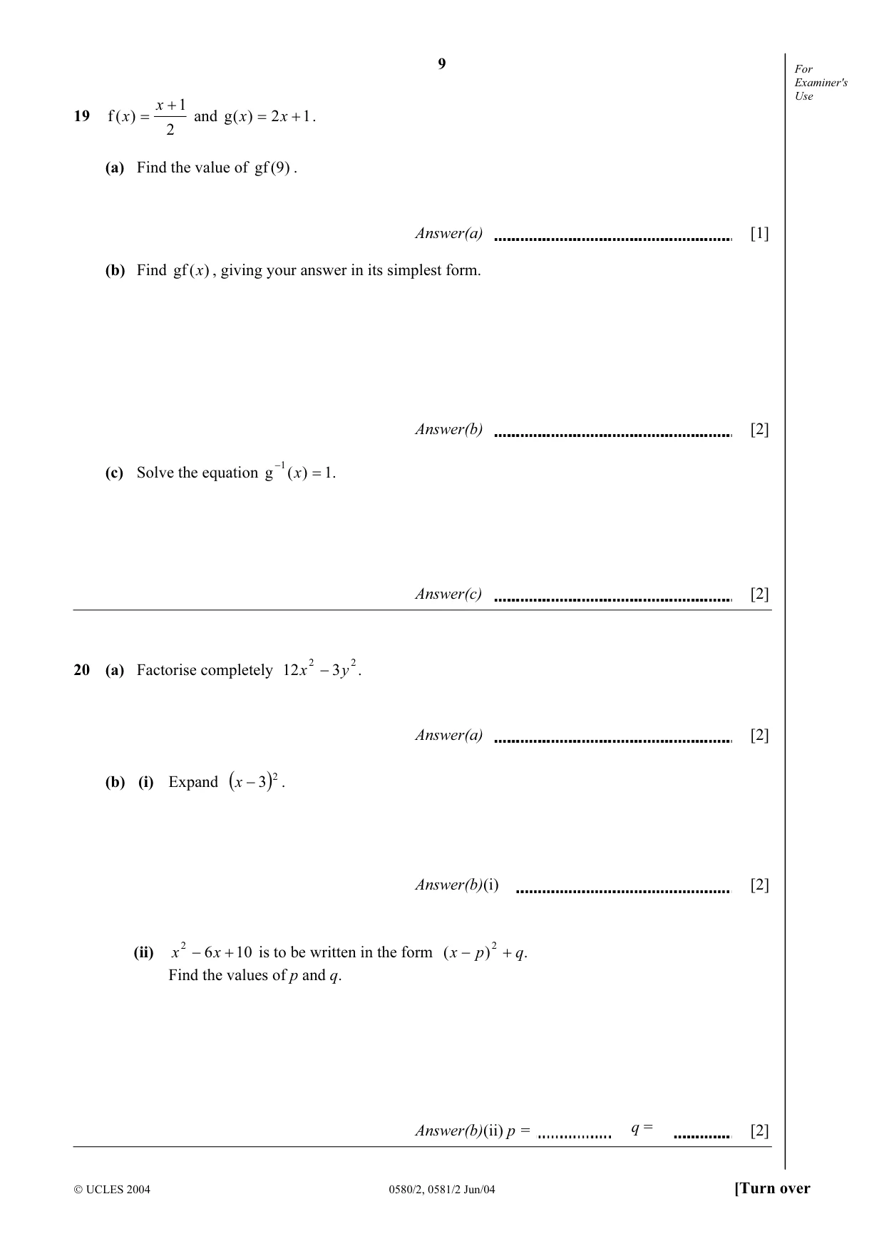 Cambridge IGCSE Mathematics 0580 2004 May/June Paper 2 · Variant 1 question paper, page 9 of 12