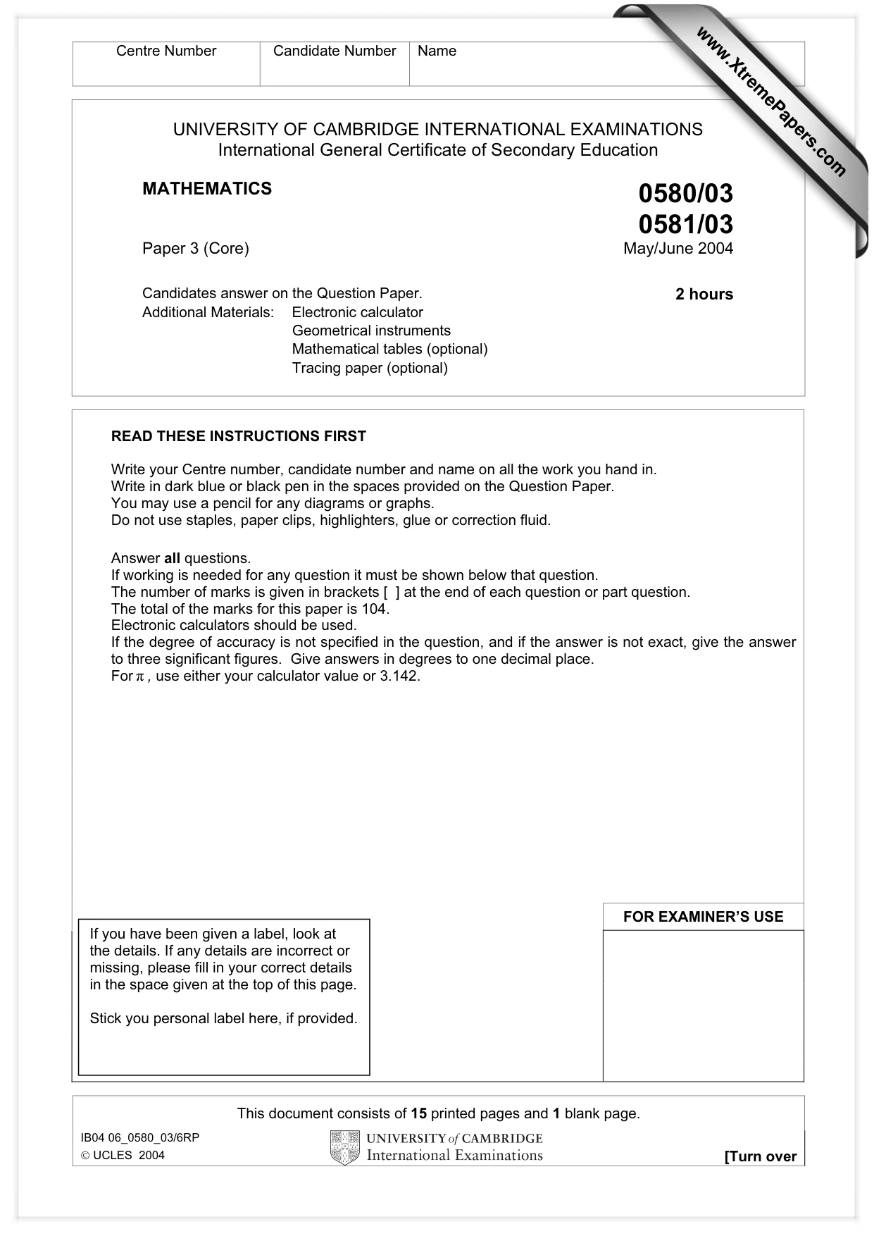 Cambridge IGCSE Mathematics 0580 2004 May/June Paper 3 · Variant 1 question paper, page 1 of 16