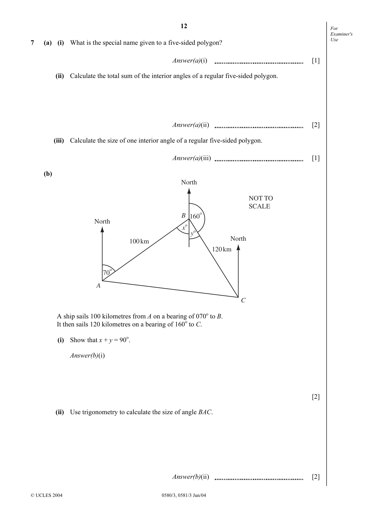 Cambridge IGCSE Mathematics 0580 2004 May/June Paper 3 · Variant 1 question paper, page 12 of 16