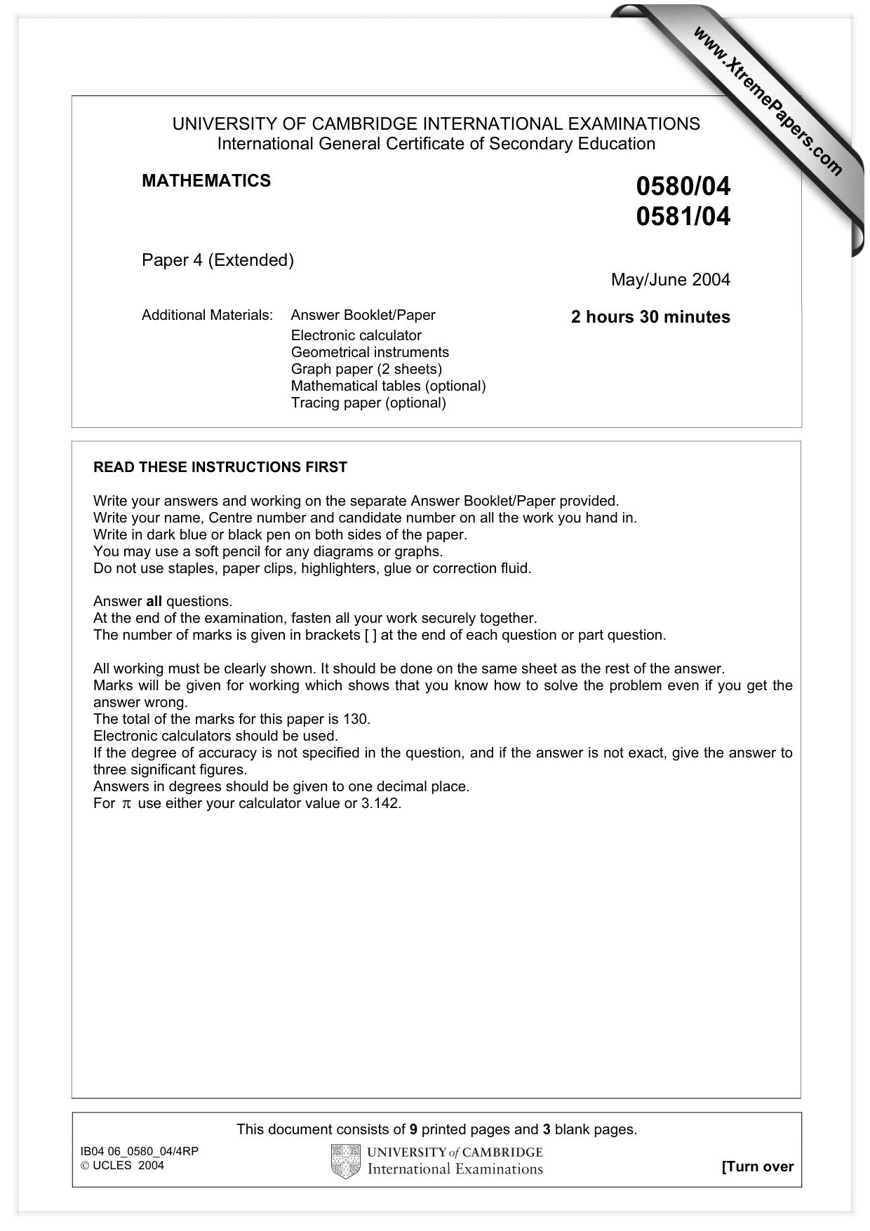 Cambridge IGCSE Mathematics 0580 2004 May/June Paper 4 · Variant 1 question paper, page 1 of 12