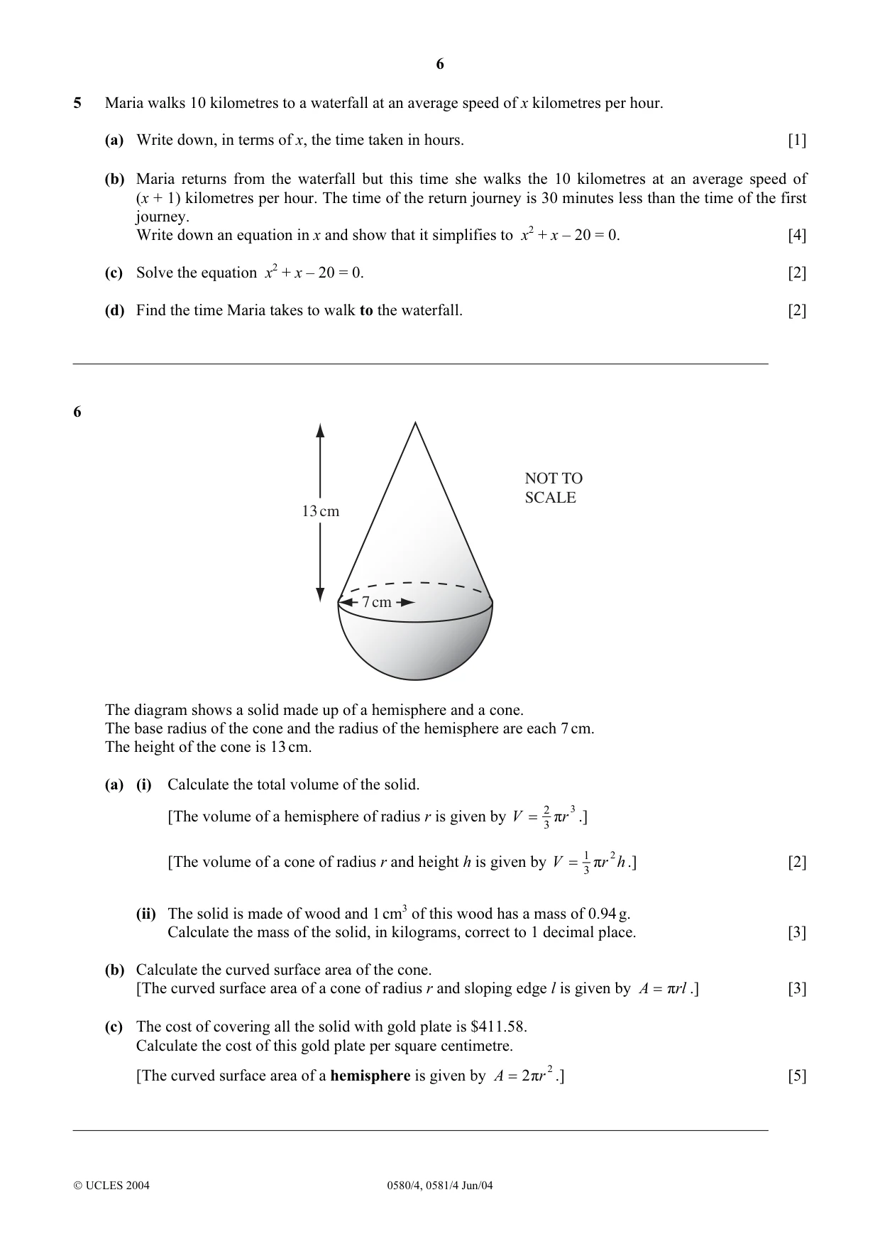 Cambridge IGCSE Mathematics 0580 2004 May/June Paper 4 · Variant 1 question paper, page 6 of 12