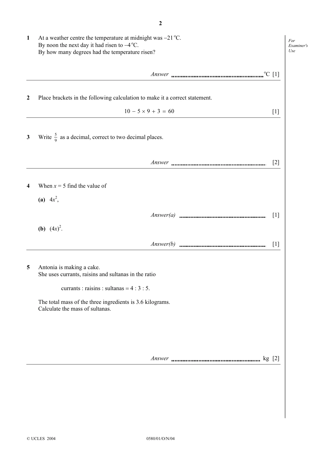 Cambridge IGCSE Mathematics 0580 2004 Oct/Nov Paper 1 · Variant 1 question paper, page 2 of 12