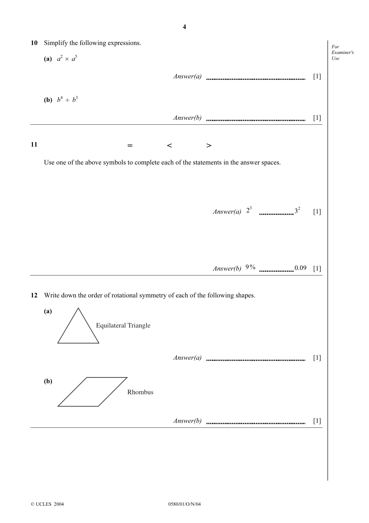 Cambridge IGCSE Mathematics 0580 2004 Oct/Nov Paper 1 · Variant 1 question paper, page 4 of 12
