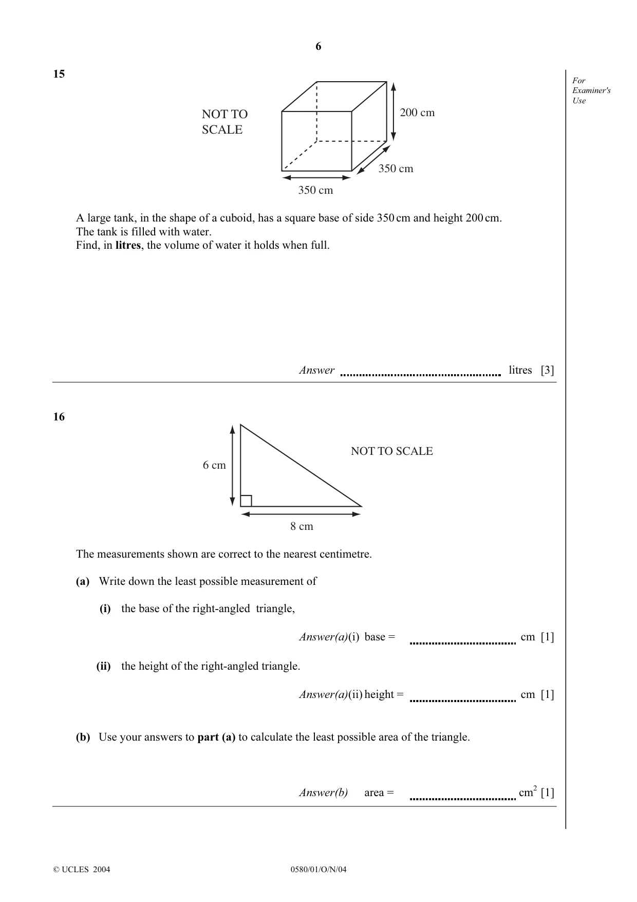 Cambridge IGCSE Mathematics 0580 2004 Oct/Nov Paper 1 · Variant 1 question paper, page 6 of 12