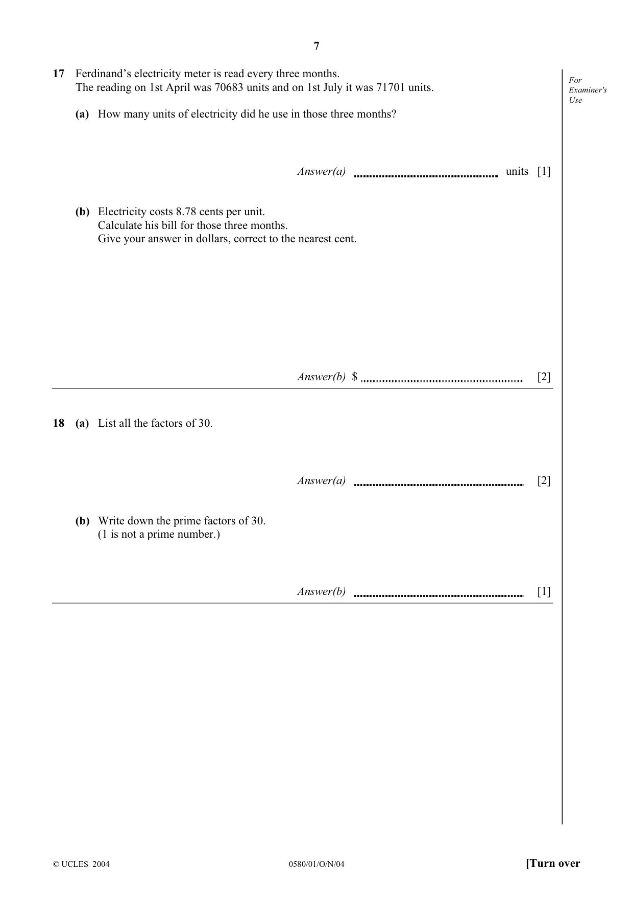 Cambridge IGCSE Mathematics 0580 2004 Oct/Nov Paper 1 · Variant 1 question paper, page 7 of 12