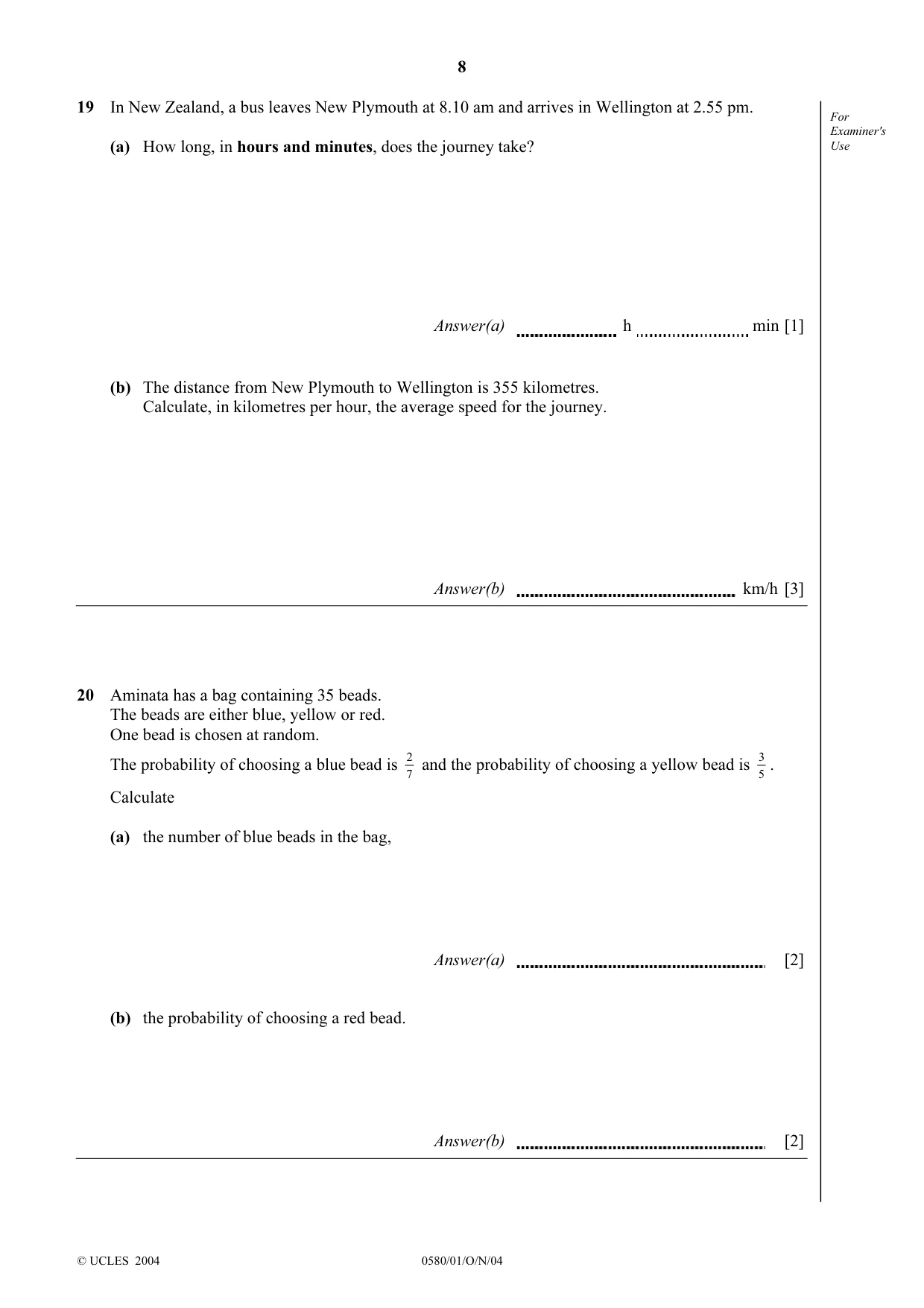 Cambridge IGCSE Mathematics 0580 2004 Oct/Nov Paper 1 · Variant 1 question paper, page 8 of 12