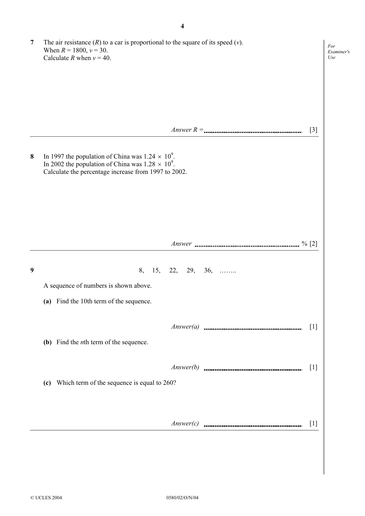 Cambridge IGCSE Mathematics 0580 2004 Oct/Nov Paper 2 · Variant 1 question paper, page 4 of 12