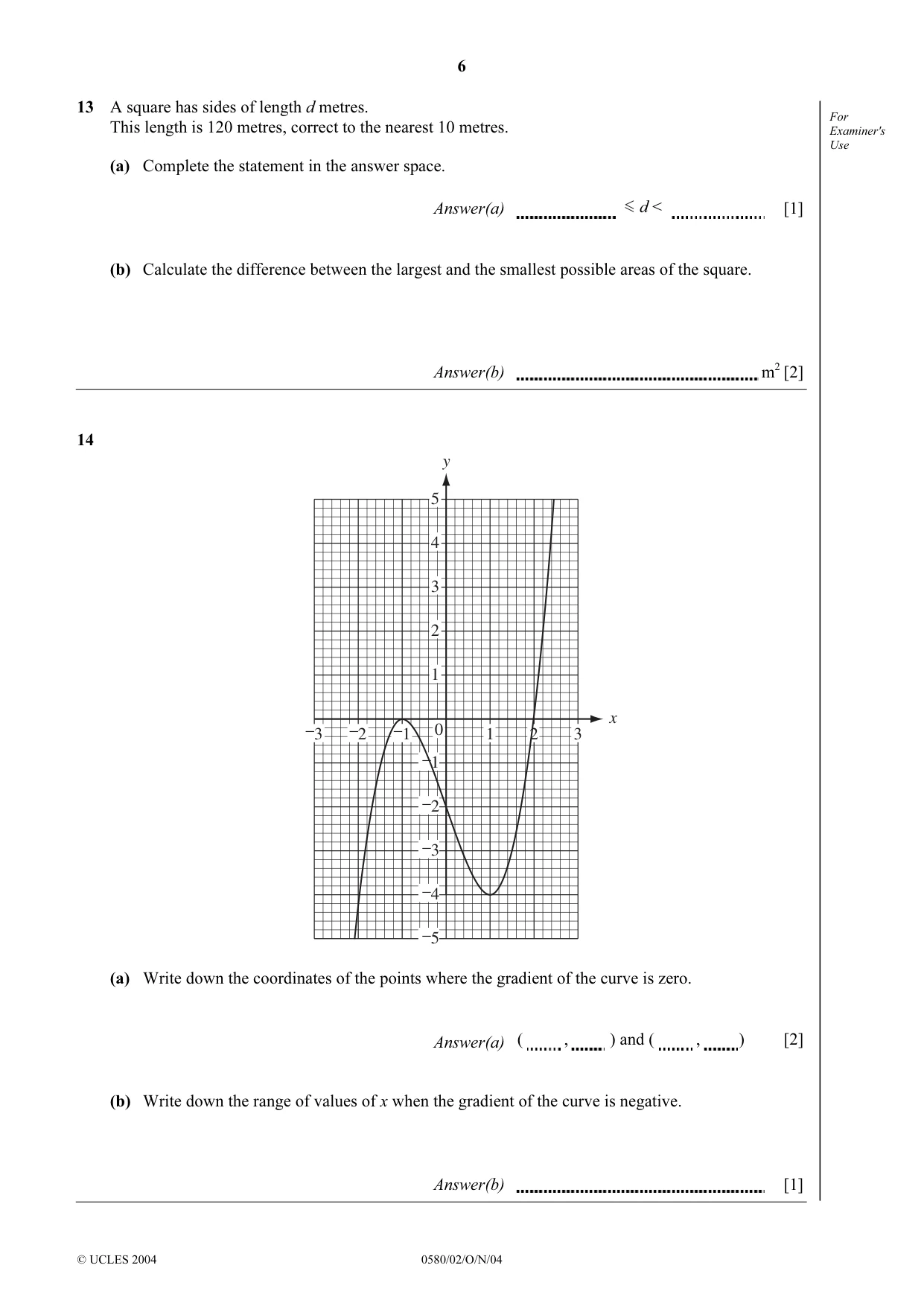 Cambridge IGCSE Mathematics 0580 2004 Oct/Nov Paper 2 · Variant 1 question paper, page 6 of 12
