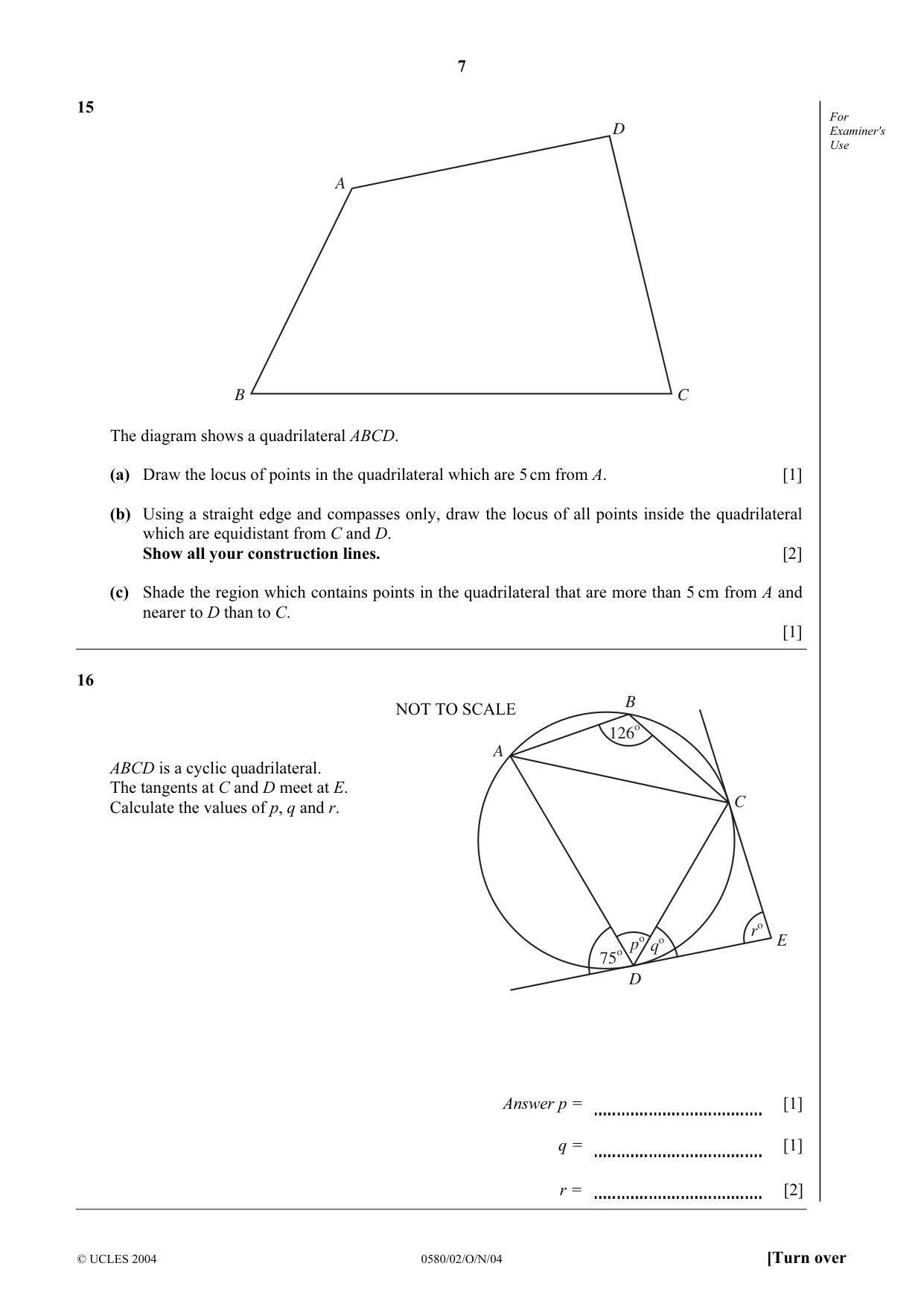 Cambridge IGCSE Mathematics 0580 2004 Oct/Nov Paper 2 · Variant 1 question paper, page 7 of 12