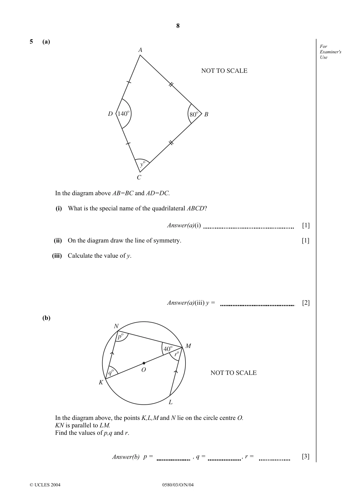 Cambridge IGCSE Mathematics 0580 2004 Oct/Nov Paper 3 · Variant 1 question paper, page 8 of 16