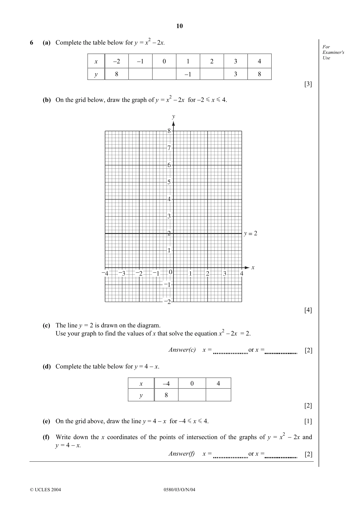 Cambridge IGCSE Mathematics 0580 2004 Oct/Nov Paper 3 · Variant 1 question paper, page 10 of 16