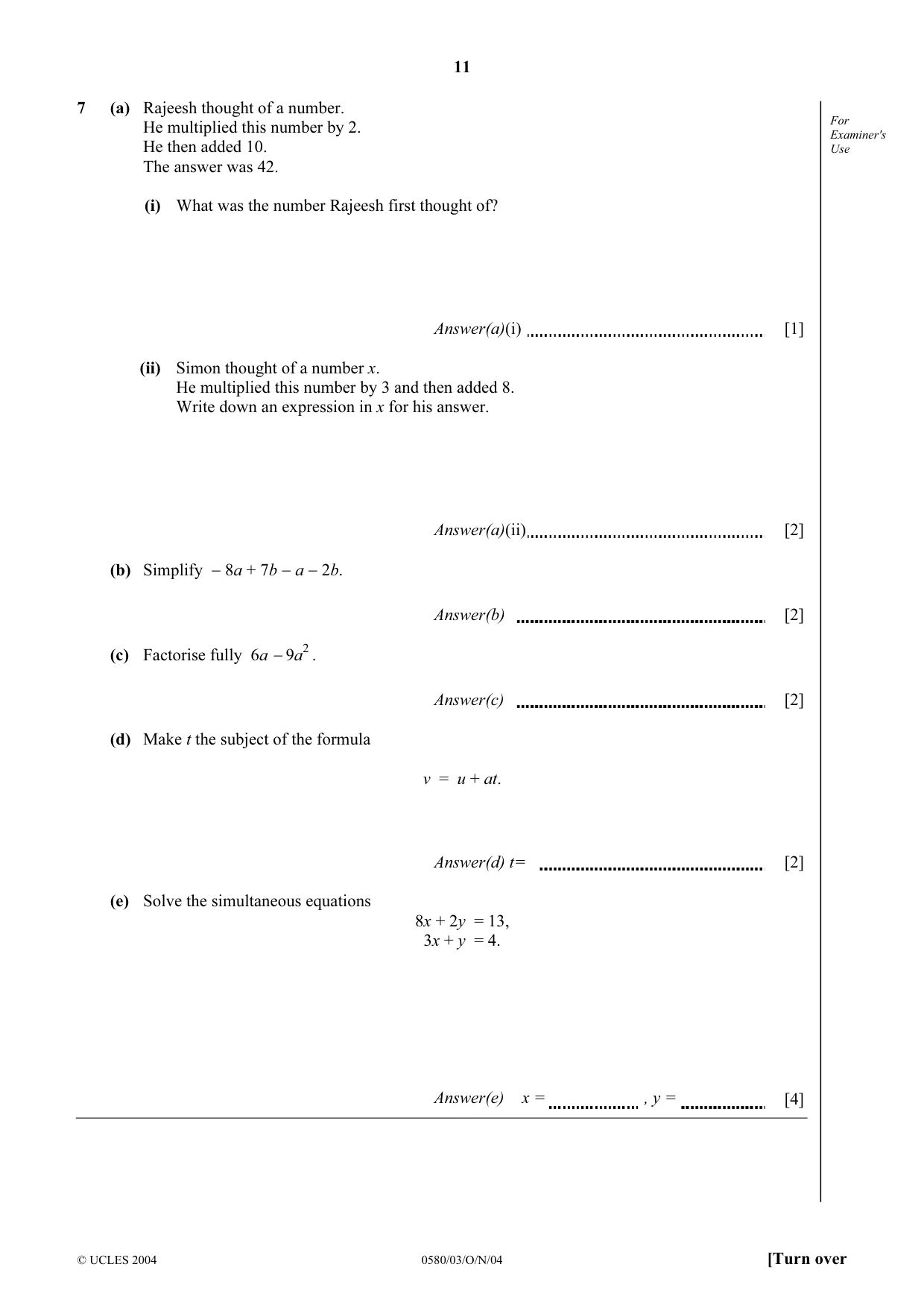 Cambridge IGCSE Mathematics 0580 2004 Oct/Nov Paper 3 · Variant 1 question paper, page 11 of 16