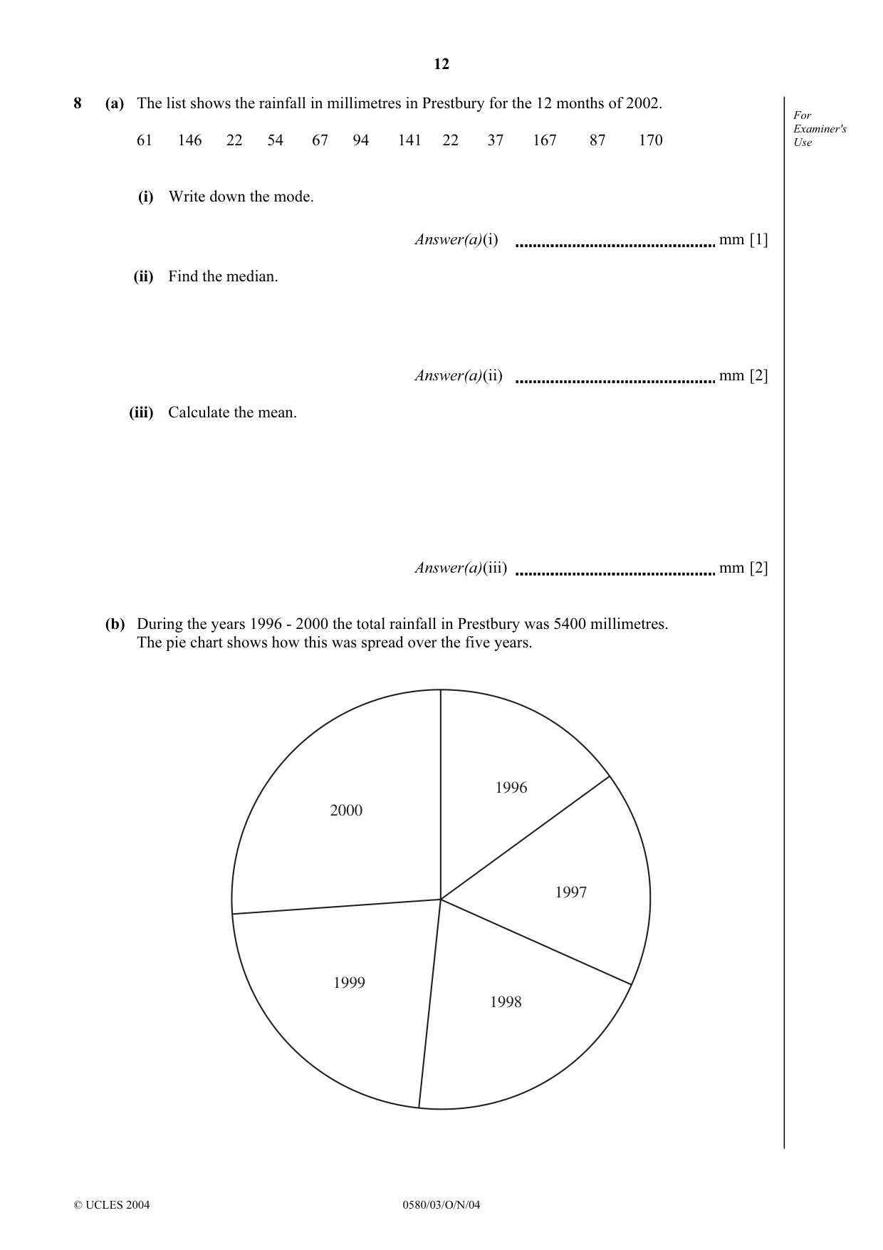 Cambridge IGCSE Mathematics 0580 2004 Oct/Nov Paper 3 · Variant 1 question paper, page 12 of 16