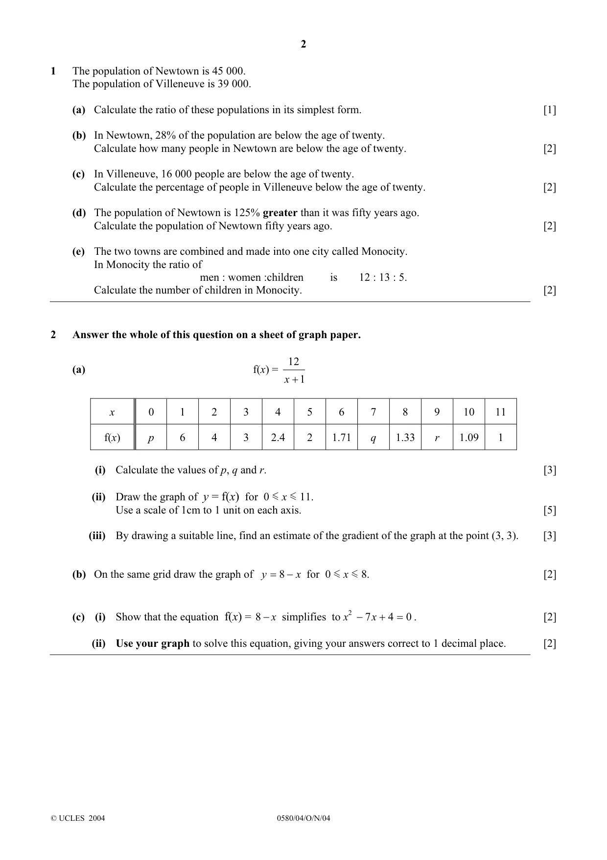 Cambridge IGCSE Mathematics 0580 2004 Oct/Nov Paper 4 · Variant 1 question paper, page 2 of 8