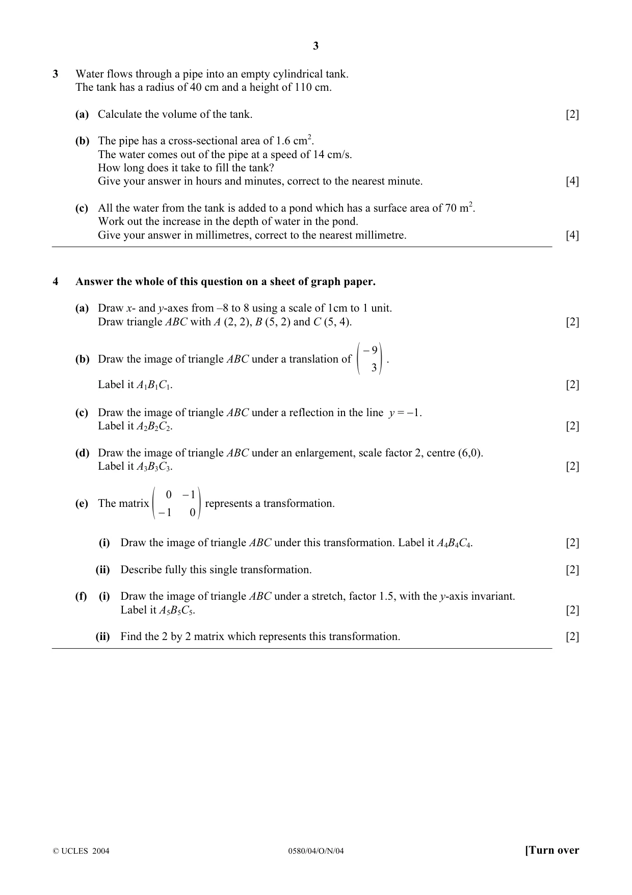 Cambridge IGCSE Mathematics 0580 2004 Oct/Nov Paper 4 · Variant 1 question paper, page 3 of 8
