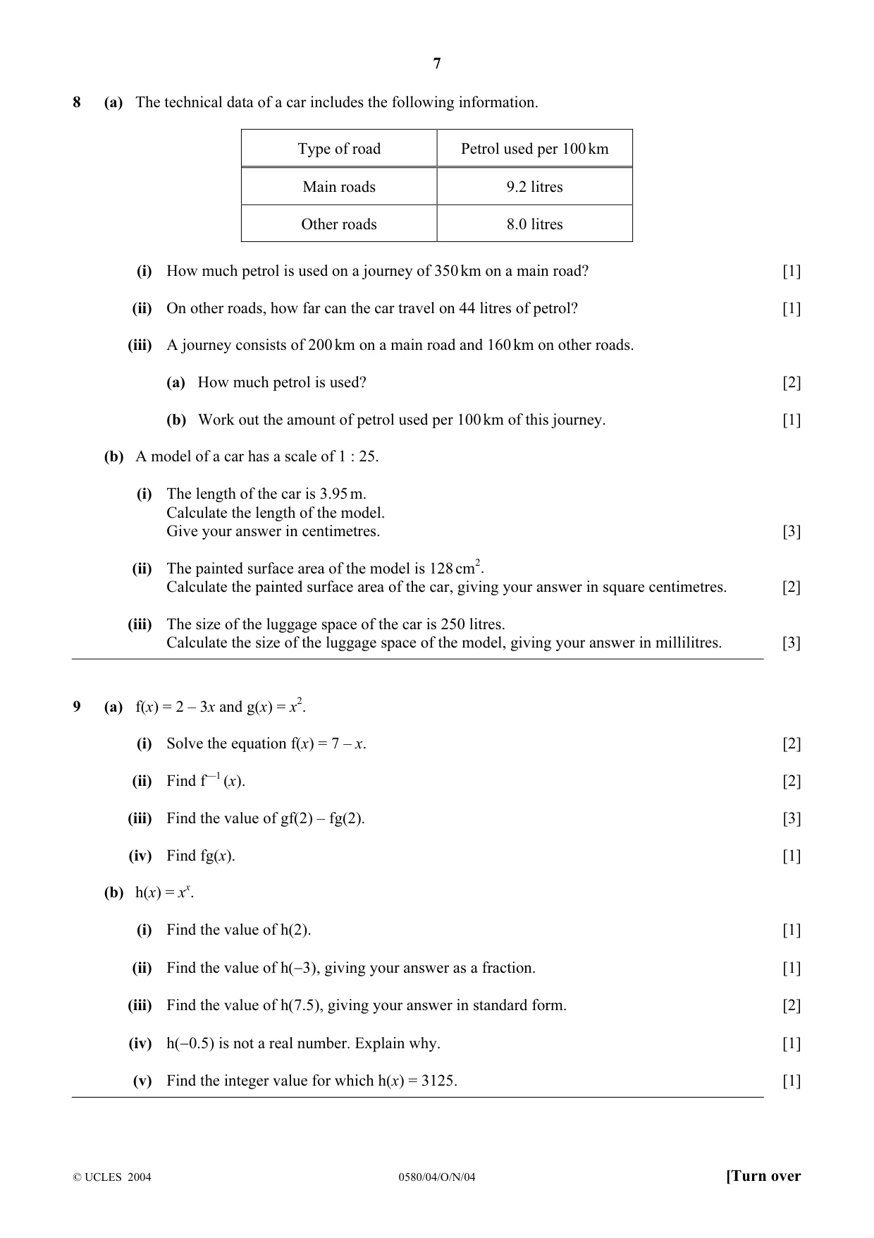 Cambridge IGCSE Mathematics 0580 2004 Oct/Nov Paper 4 · Variant 1 question paper, page 7 of 8